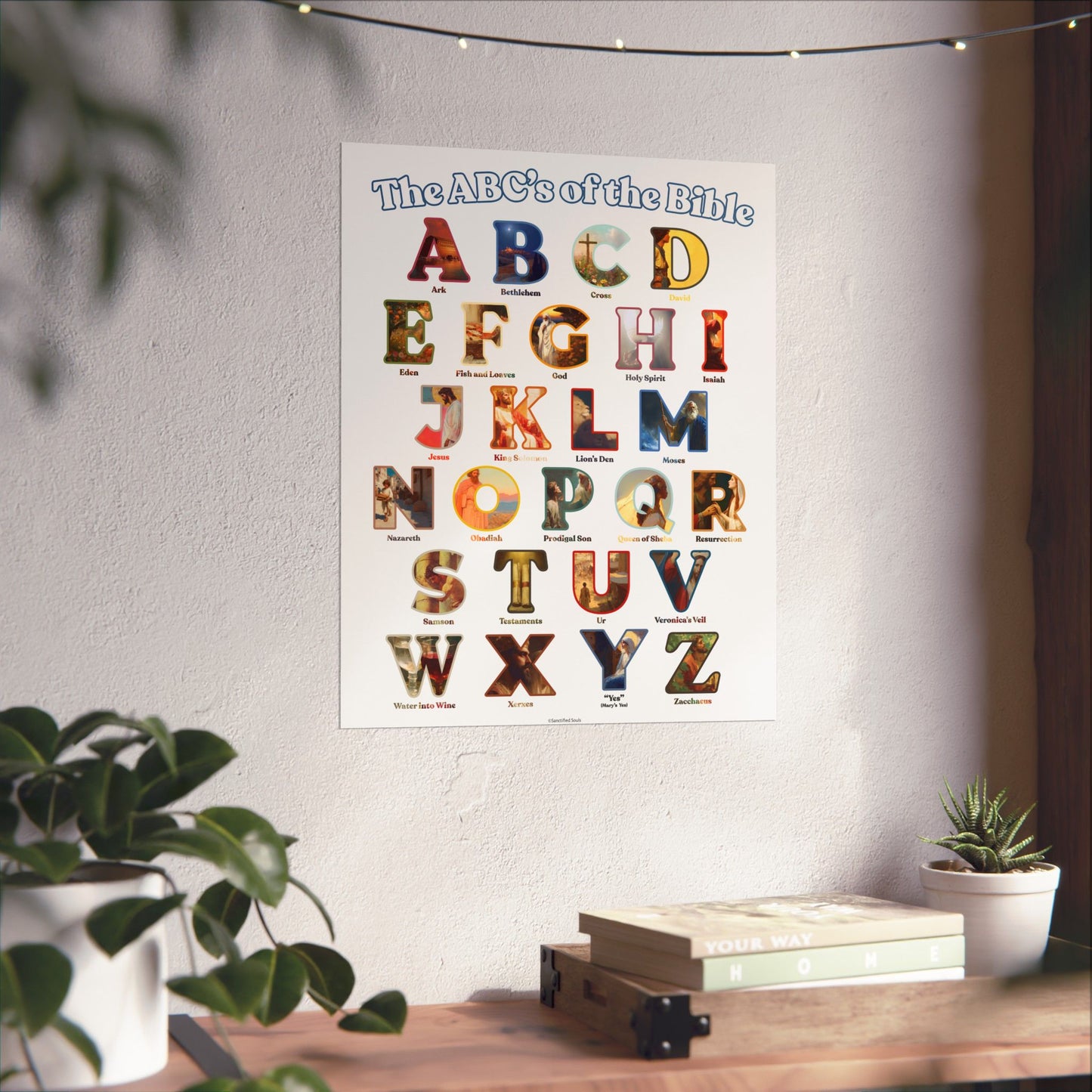Bible ABC Poster - ABCs of the Bible Wall Art - Biblical People Places and Stories Chart - Christian Homeschool or Sunday School Decor