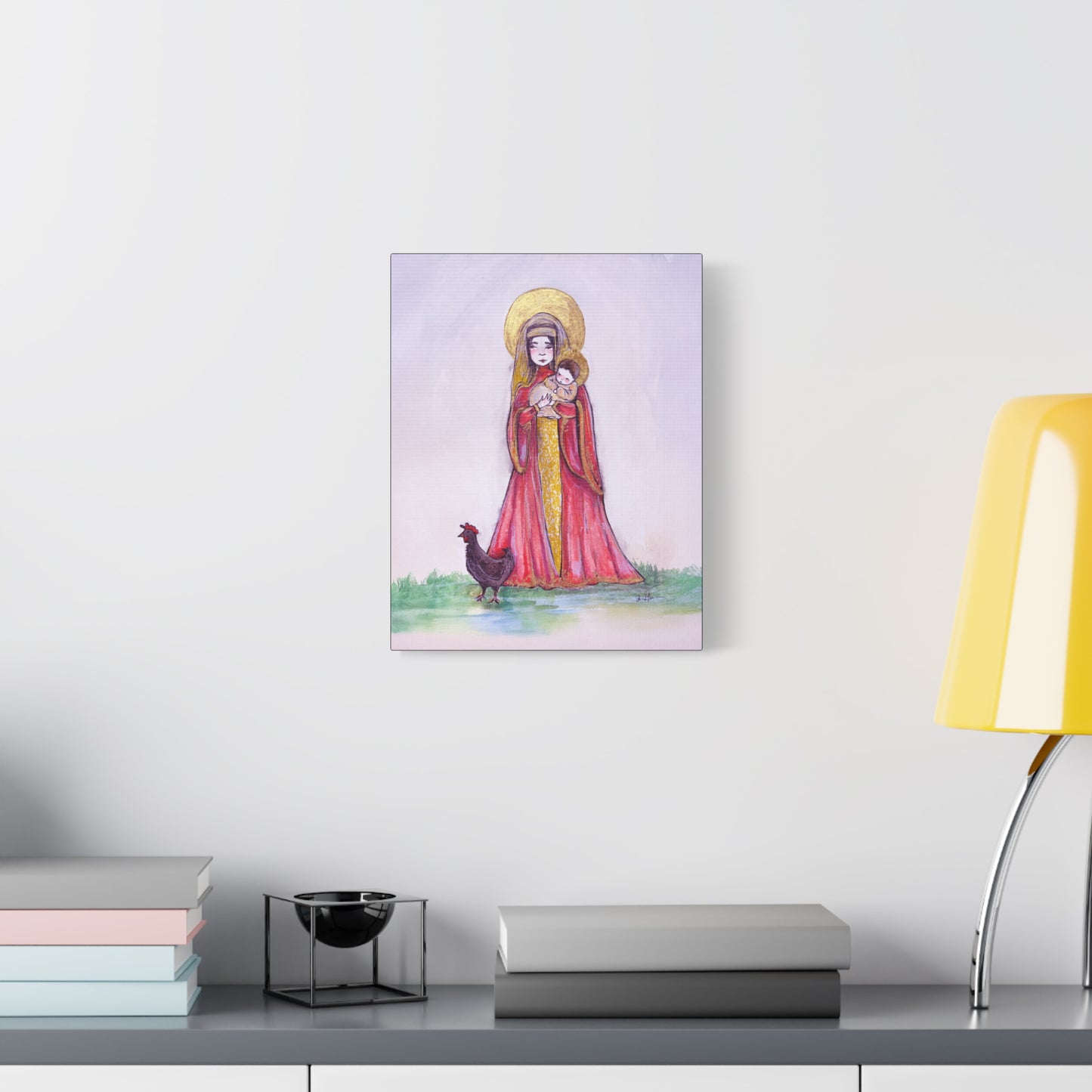 Our Lady of the Hens Catholic Canvas Print | Virgin Mary and Child Sacred Art | Hand-Drawn Watercolor Marian Wall Art