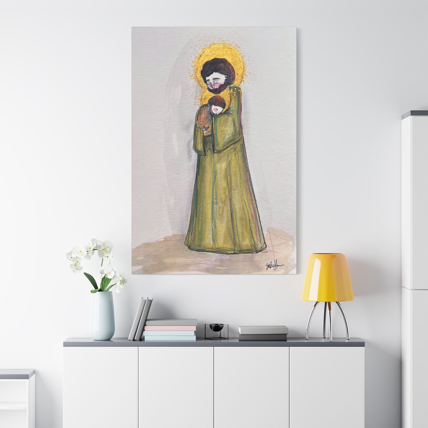 Saint Joseph and Child Jesus Catholic Canvas Print | Hand-Drawn Watercolor Sacred Art | Christian Devotional Wall Art