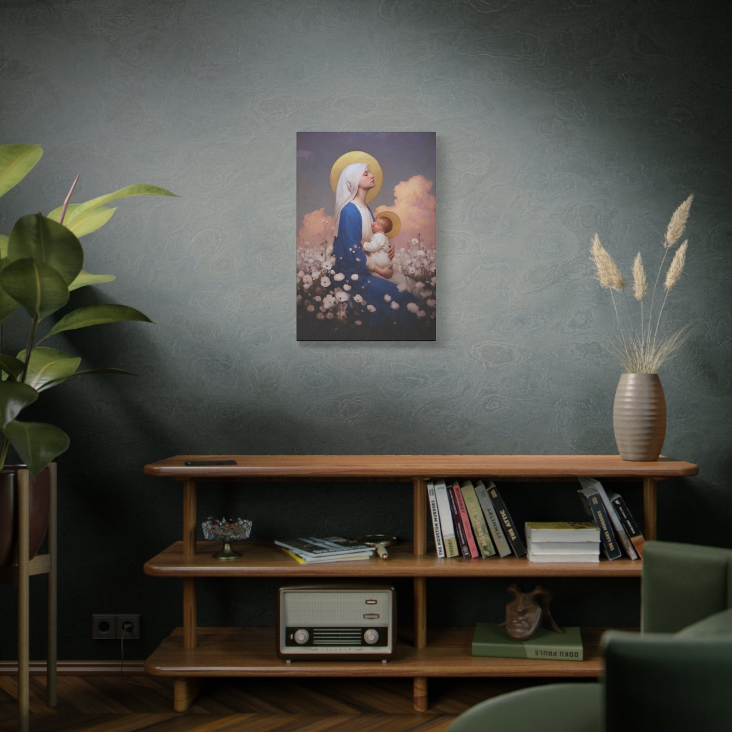 Mother Mary - Our Lady Among the Flowers -  Museum Wrapped Canvas - Sanctified Souls Print - Religious Art for your Home - Catholic Mother Mary Art