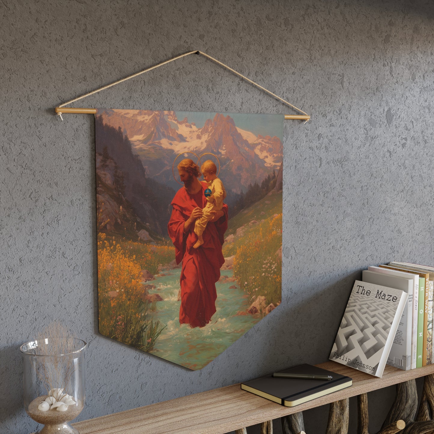 Saint Christopher Pennant / Banner / Wall Hanging - Prayer room art - 18" x 21" - Catholic - Large Banner