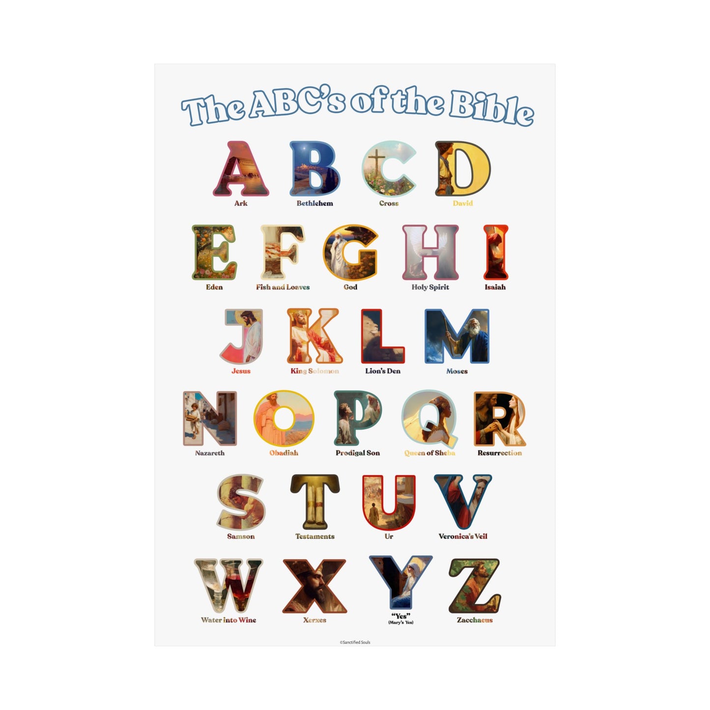 Bible ABC Poster - ABCs of the Bible Wall Art - Biblical People Places and Stories Chart - Christian Homeschool or Sunday School Decor