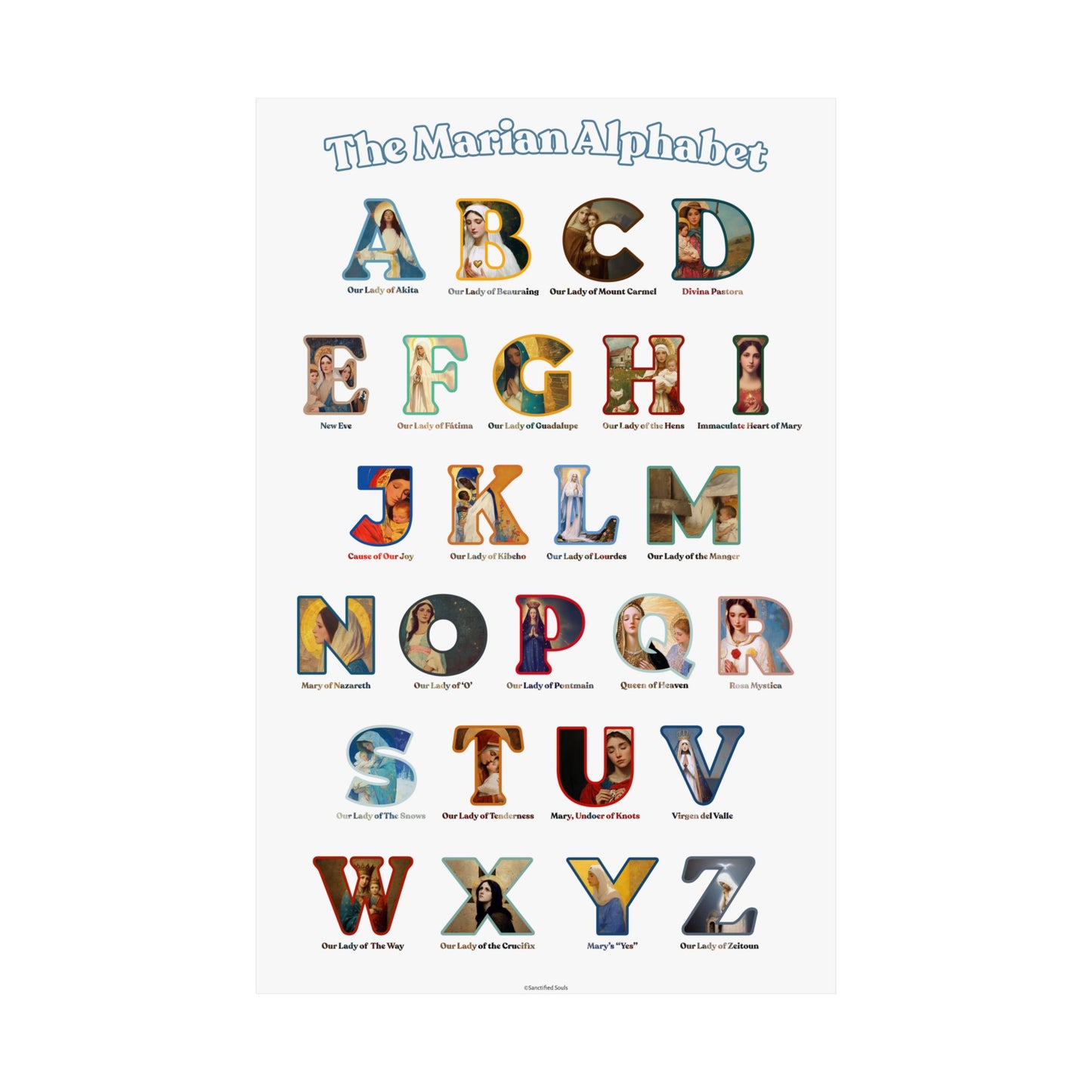 Catholic Marian Alphabet Poster - ABC Wall Art - Marian Titles Catholic Print - Catholic Nursery or Homeschool Faith Decor - Mother Mary Art