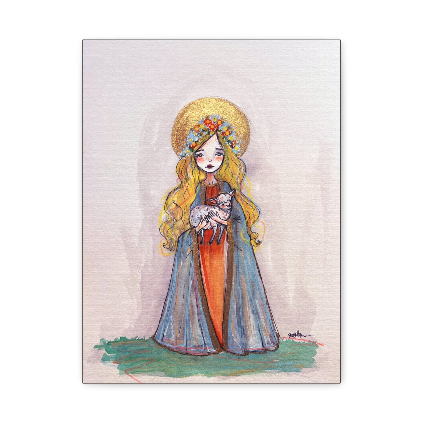 Saint Agnes of Rome Catholic Canvas Print | Christian Sacred Art | Hand-Drawn Watercolor Devotional Wall Art Religious Artwork