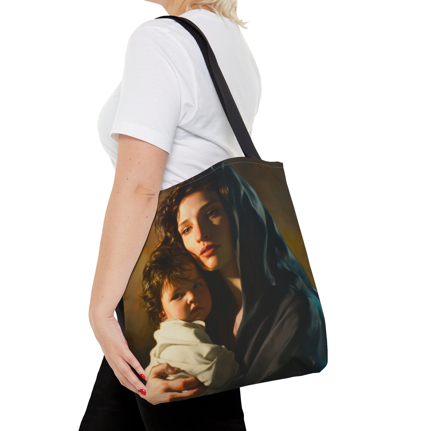 A mother's Gentle Embrace - Mary and The Christ Child Tote Bag - Large Medium Small Faith Art Bag - Catholic Faith Purse