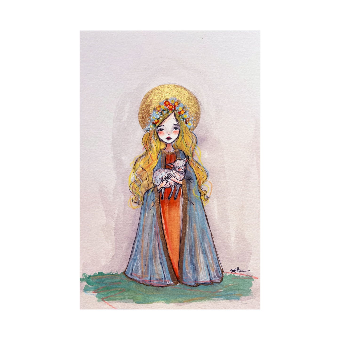 Saint Agnes of Rome Catholic Art Print | Hand-Drawn Watercolor Sacred Artwork | Christian Devotional Wall Art Religious Poster