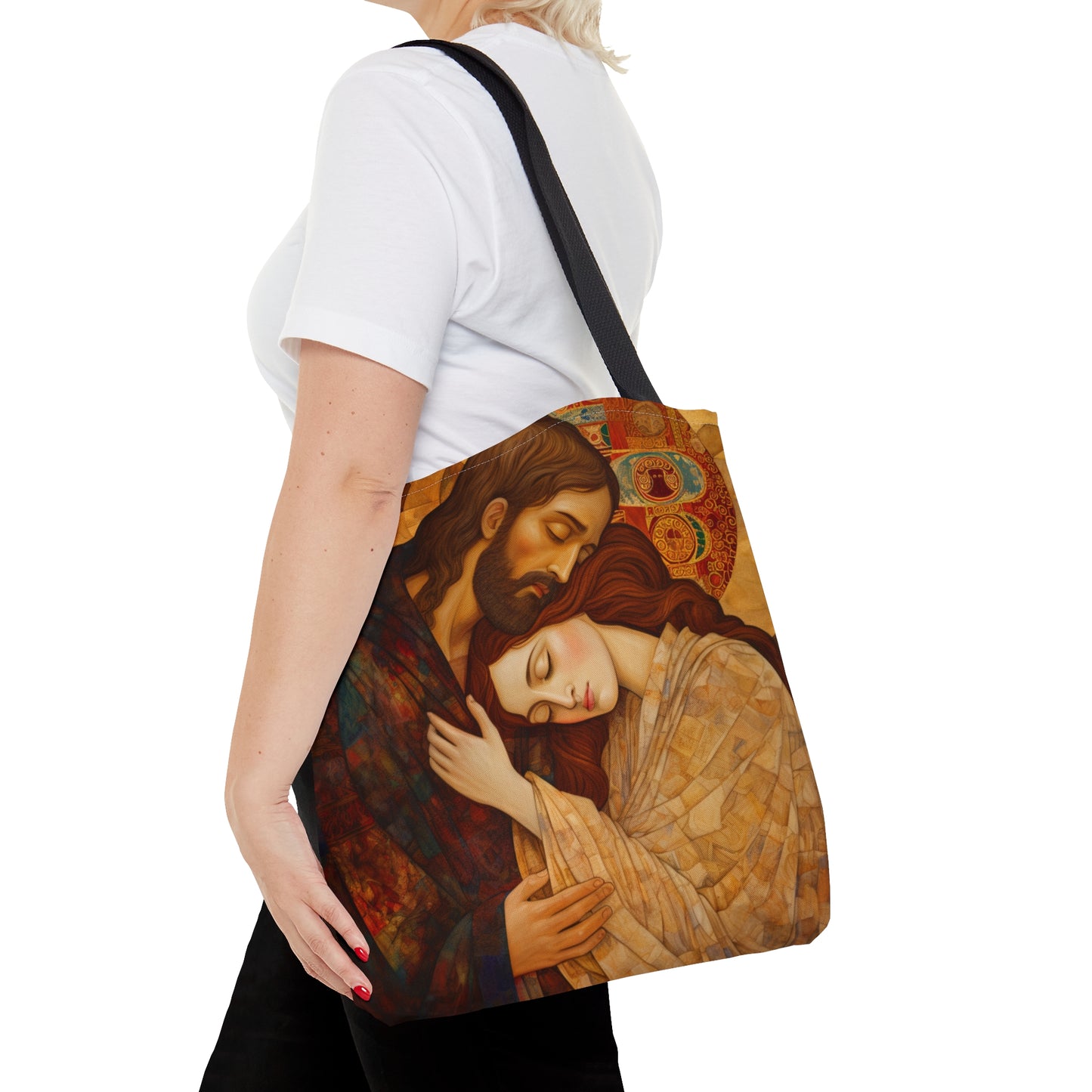 Healing Love- The Embrace of Christ and Mary Magdalene Tote Bag - Catholic faith inspired carry-all purse - Based on The Kiss by Klimt