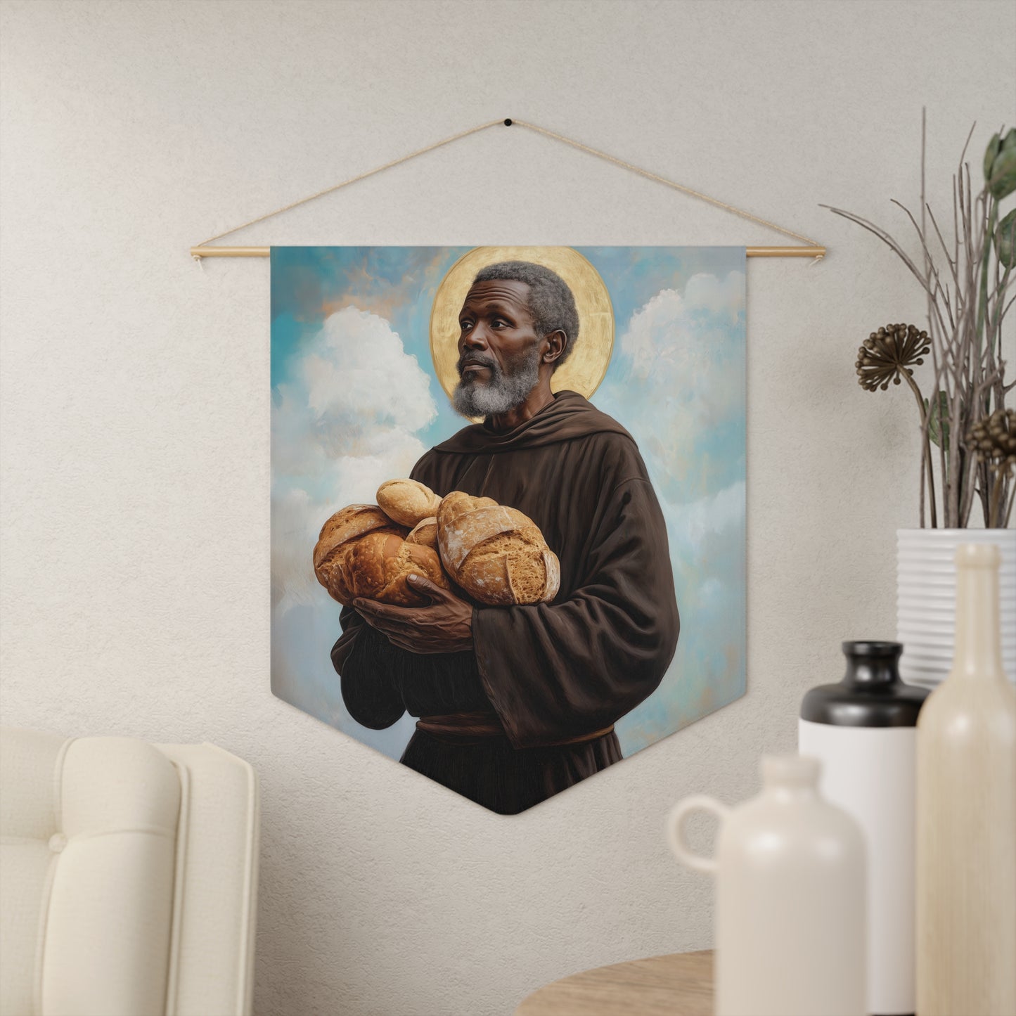 Saint Benedict the Moor Pennant / Banner / Wall Hanging - Prayer room art - Catholic Home - Saint Art for your home - 18" x 21"