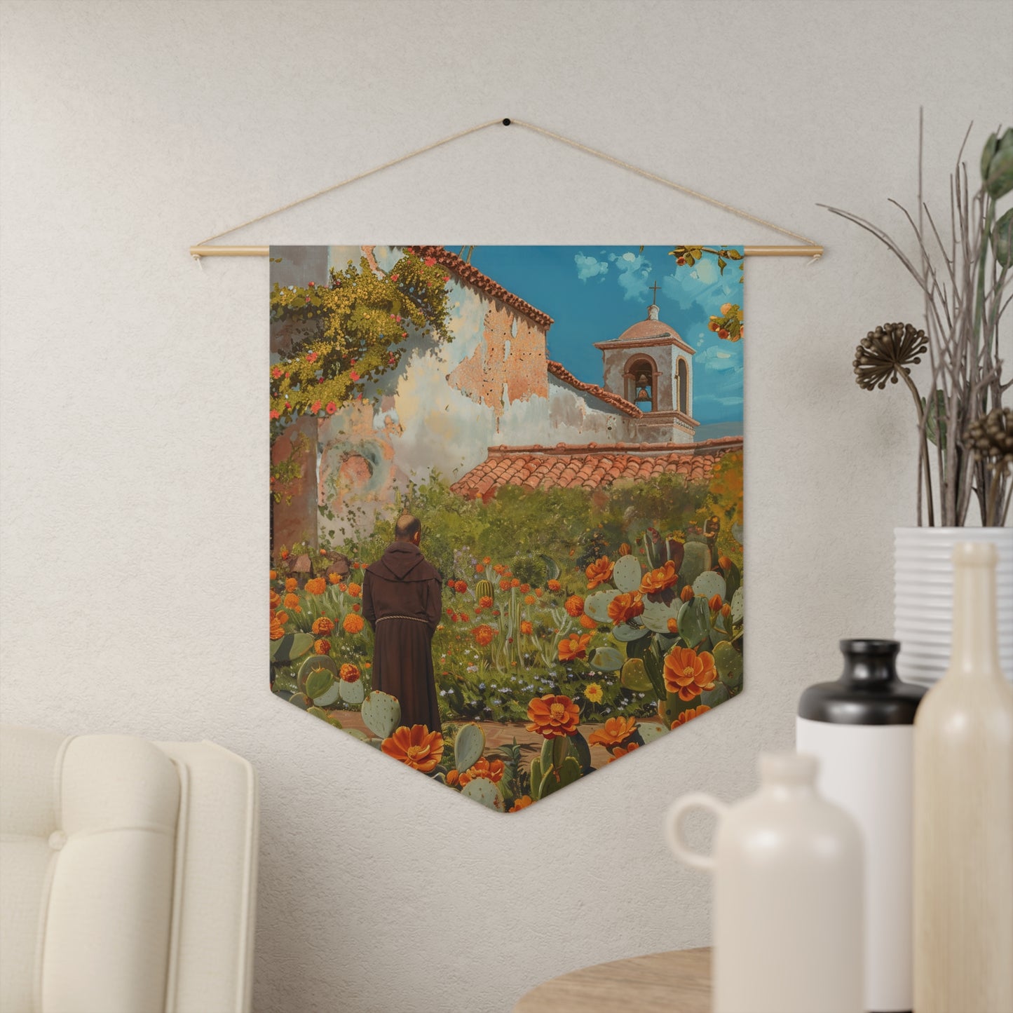 Saint Junípero Serra Pennant / Banner / Wall Hanging - Prayer room art - Catholic Home - Saint Art - 18" x 21" - Santa Barbara Mission