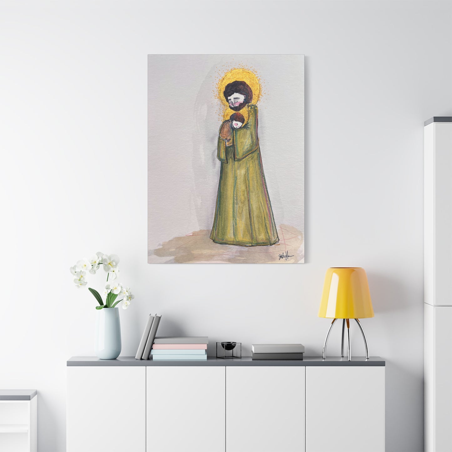 Saint Joseph and Child Jesus Catholic Canvas Print | Hand-Drawn Watercolor Sacred Art | Christian Devotional Wall Art