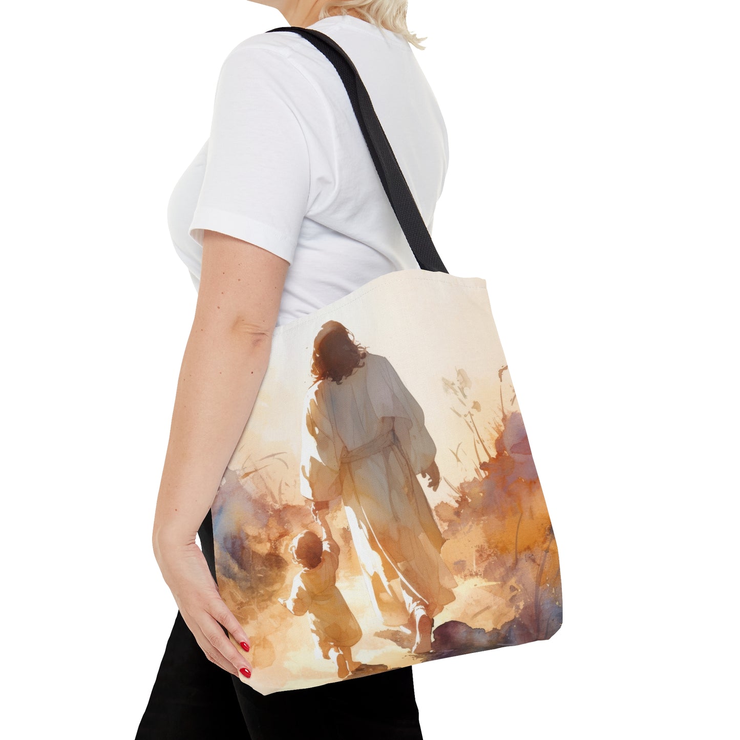 Jesus Guiding a Child in Faith Tote Bag - Large Medium Small Faith Art Bag - Catholic Faith Purse - Religious Carry All