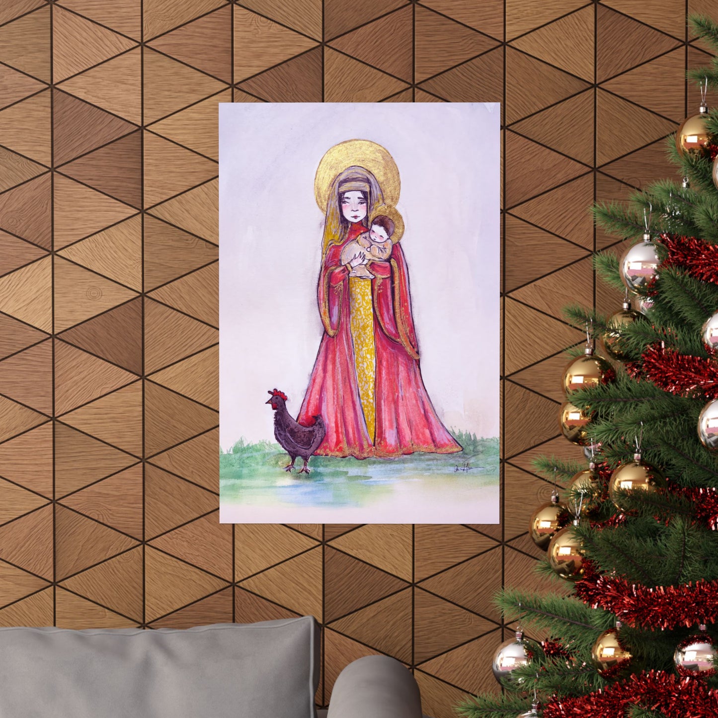 Our Lady of the Hens Catholic Art Print | Hand-Drawn Watercolor Virgin Mary Artwork | Christian Devotional Marian Wall Art