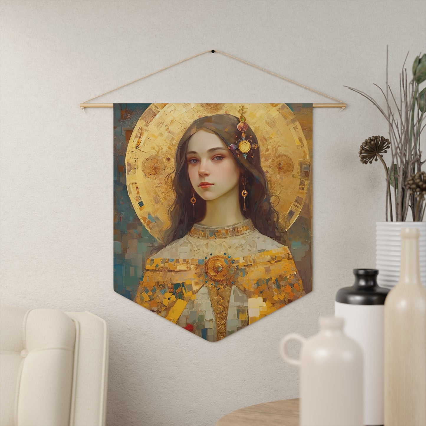 Saint Dymphna Wall Banner / Wall Hanging - Prayer room - Catholic Art - Large Religious Catholic Saint Art for your home 18" x 21"