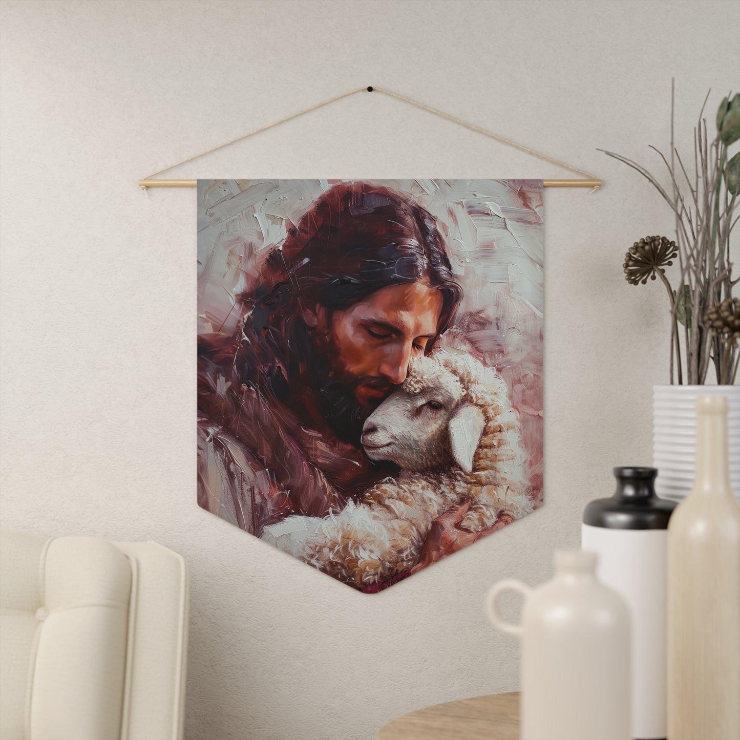Jesus and the Little Lamb Pennant / Banner / Wall Hanging - Prayer room art - 18" x 21" - Catholic Gift - Religious Painting
