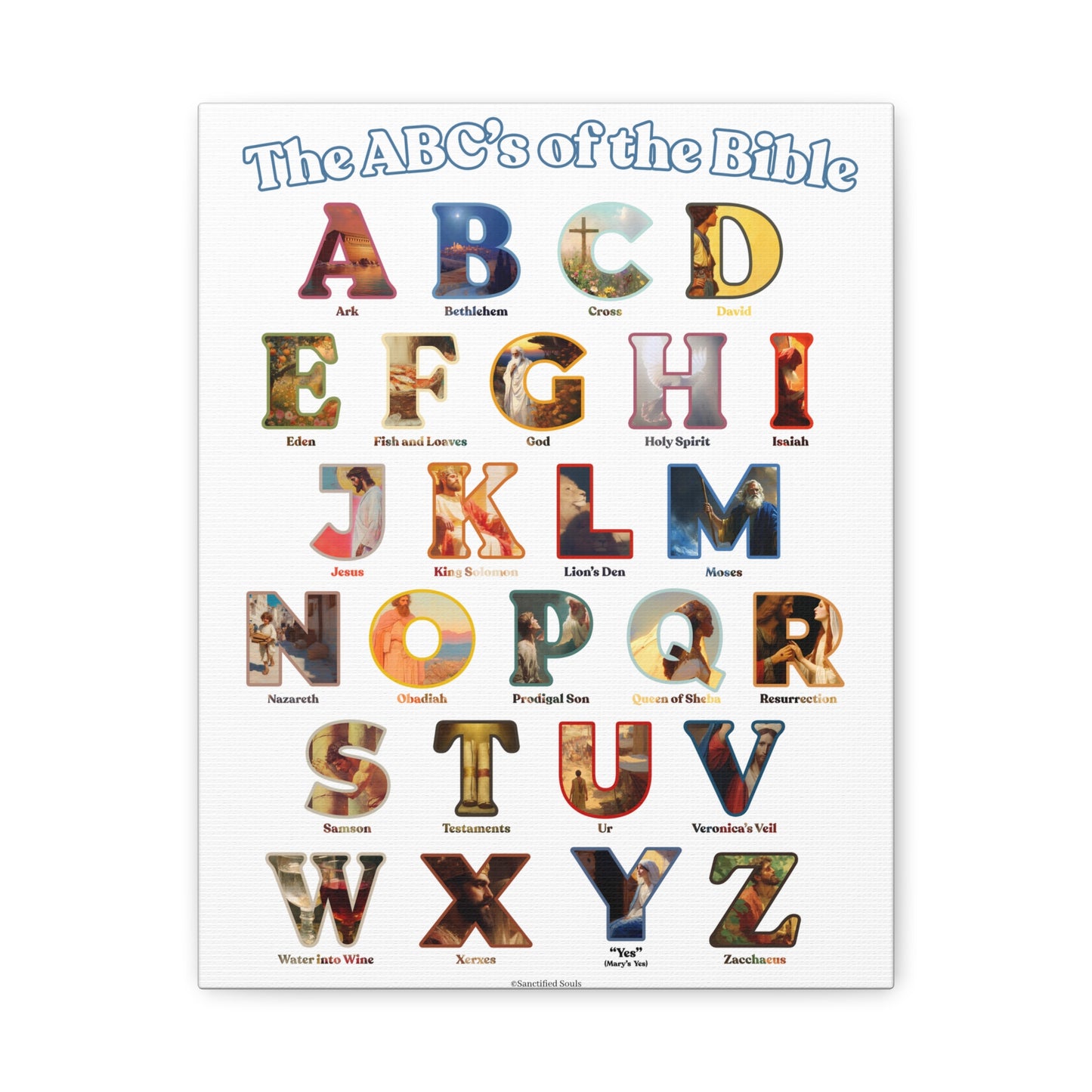 Catholic Bible ABC Prints - Alphabet Canvas - ABCs of the Bible Wall Art - Biblical People Places and Stories -  Homeschool / Sunday School