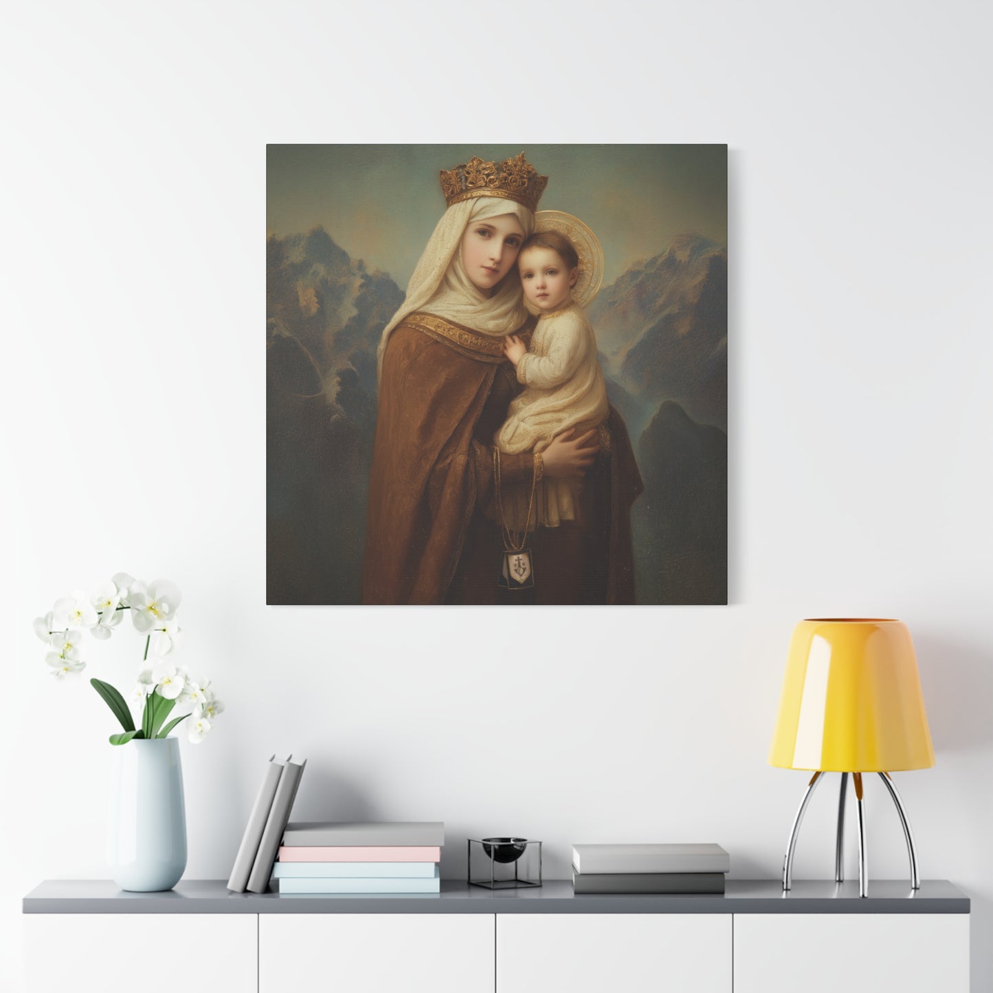A Cord Between Heaven and Earth - Our Lady of Mount Carmel Wrapped Canvas Print - Multiple Sizes - Catholic Home art Matte Canvas, Stretched