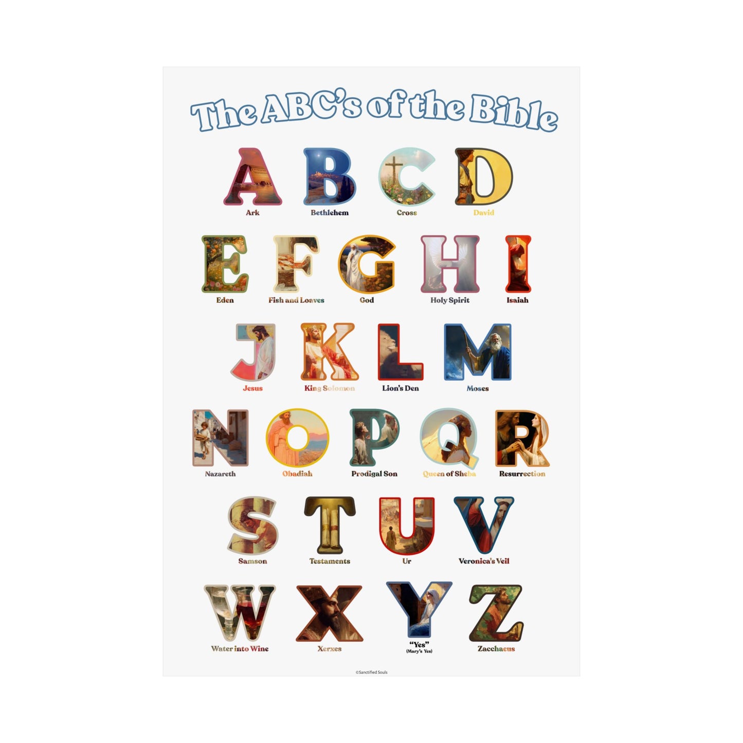 Bible ABC Poster - ABCs of the Bible Wall Art - Biblical People Places and Stories Chart - Christian Homeschool or Sunday School Decor