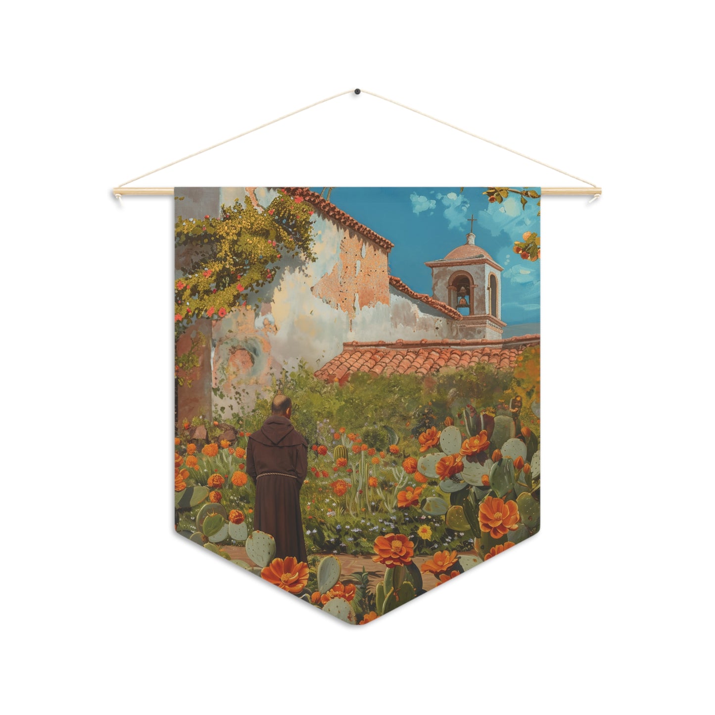 Saint Junípero Serra Pennant / Banner / Wall Hanging - Prayer room art - Catholic Home - Saint Art - 18" x 21" - Santa Barbara Mission