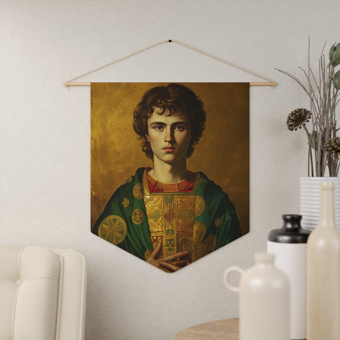 Saint Pantaleon Wall Banner / Wall Hanging - Prayer room art - Catholic - Christian Saint Artwork for your home - 18" x 21"