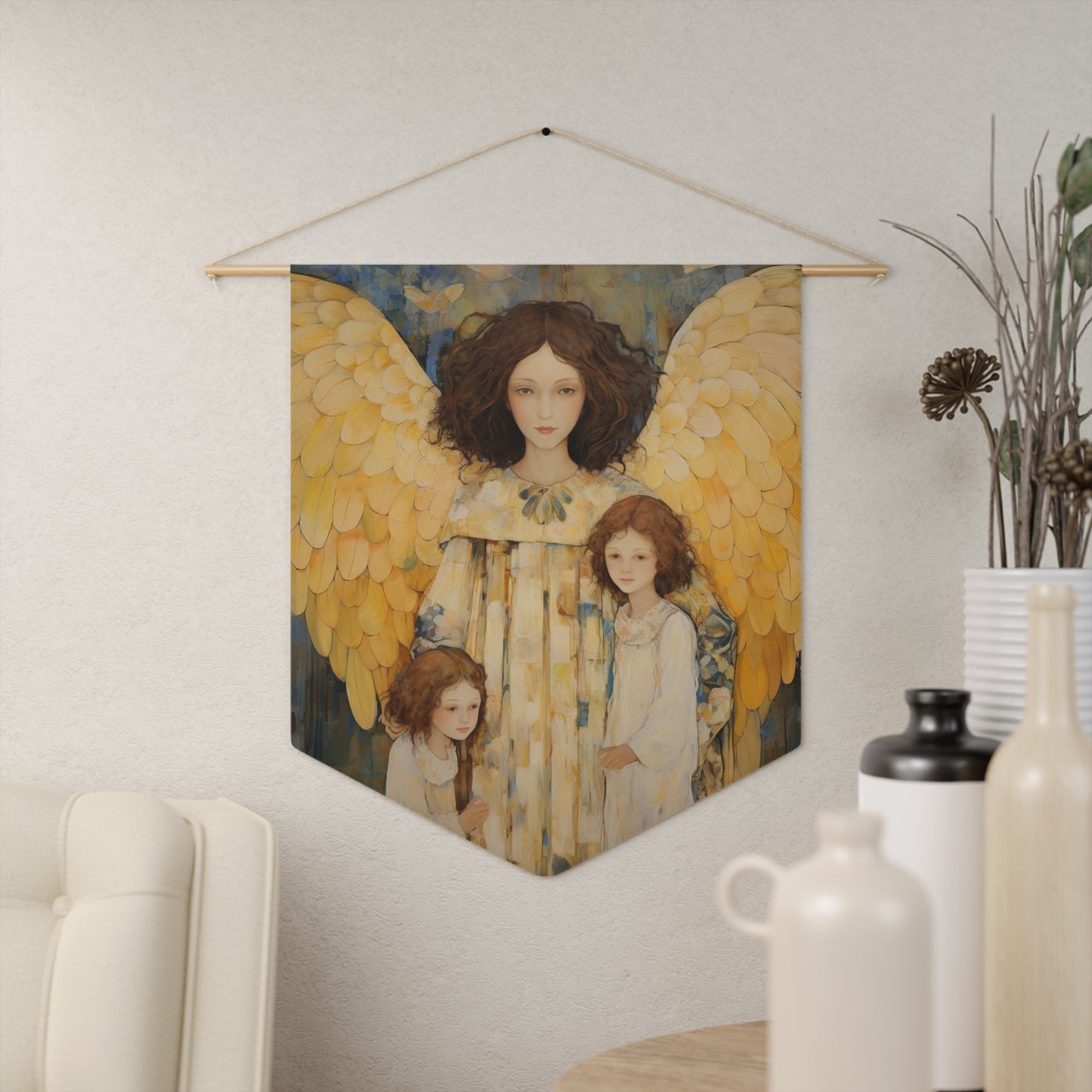 Embrace of the Guardian Wall Banner / Wall Hanging - Prayer room art - Guardian Angel Art - Nursery Room print - 18" x 21"