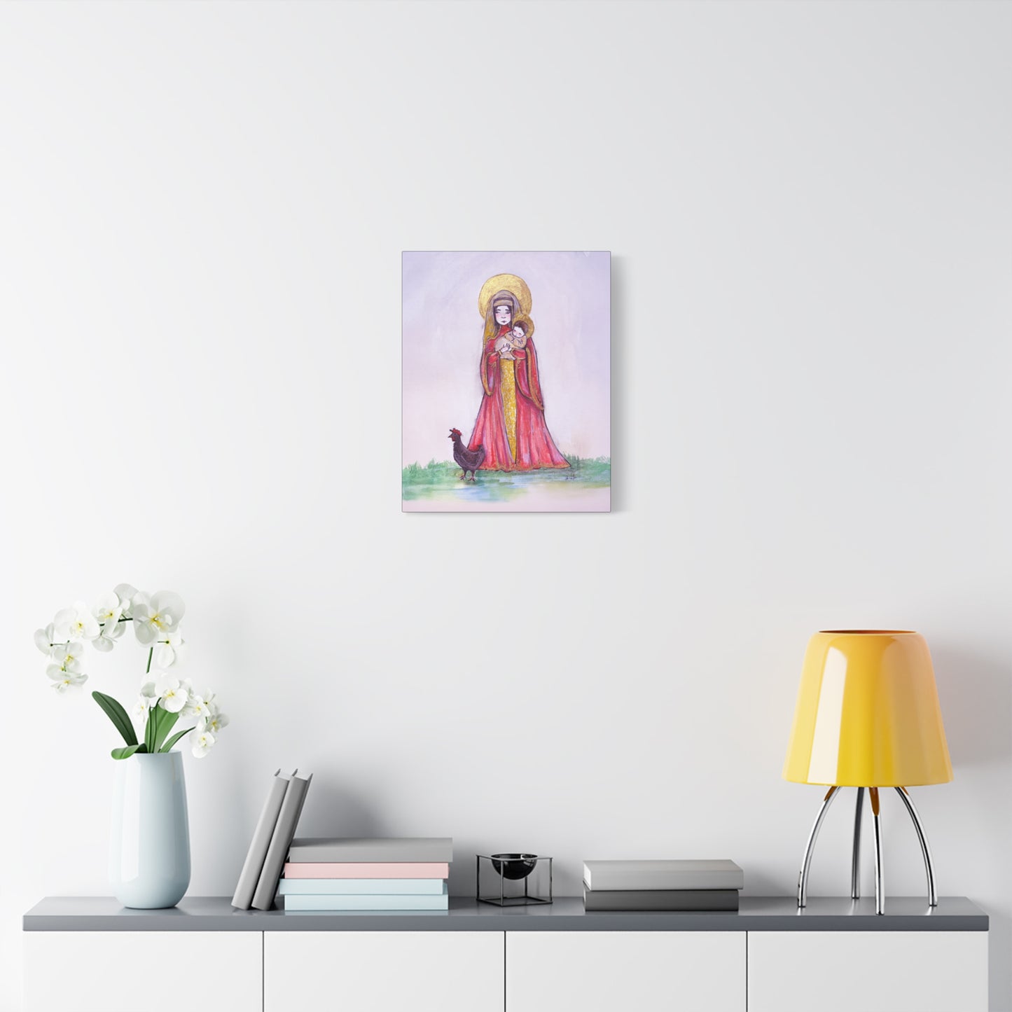 Our Lady of the Hens Catholic Canvas Print | Virgin Mary and Child Sacred Art | Hand-Drawn Watercolor Marian Wall Art