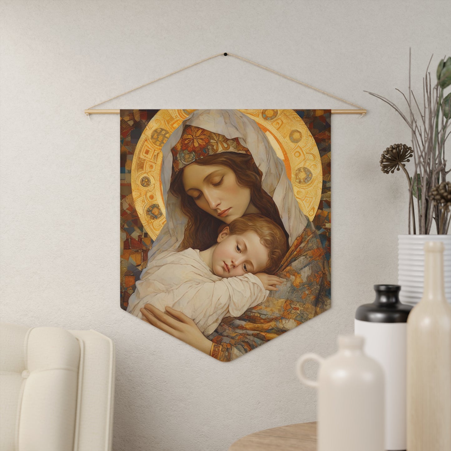 Cradle of Grace Wall Banner / Wall Hanging - Catholic Home Art - Virgin Mary / Madonna and Christ Child - 18" x 21" -