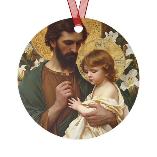 Saint Joseph and the Christ Child Metal Ornament - Religious Holiday Christmas Ornament and Keepsake - Double sided - Prayer Ornament