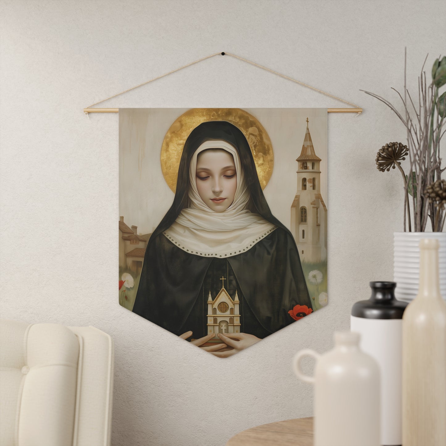 Saint Erentrude Pennant / Banner / Wall Hanging - Prayer room art - 18" x 21" - Catholic prayer Religious Christian Gift