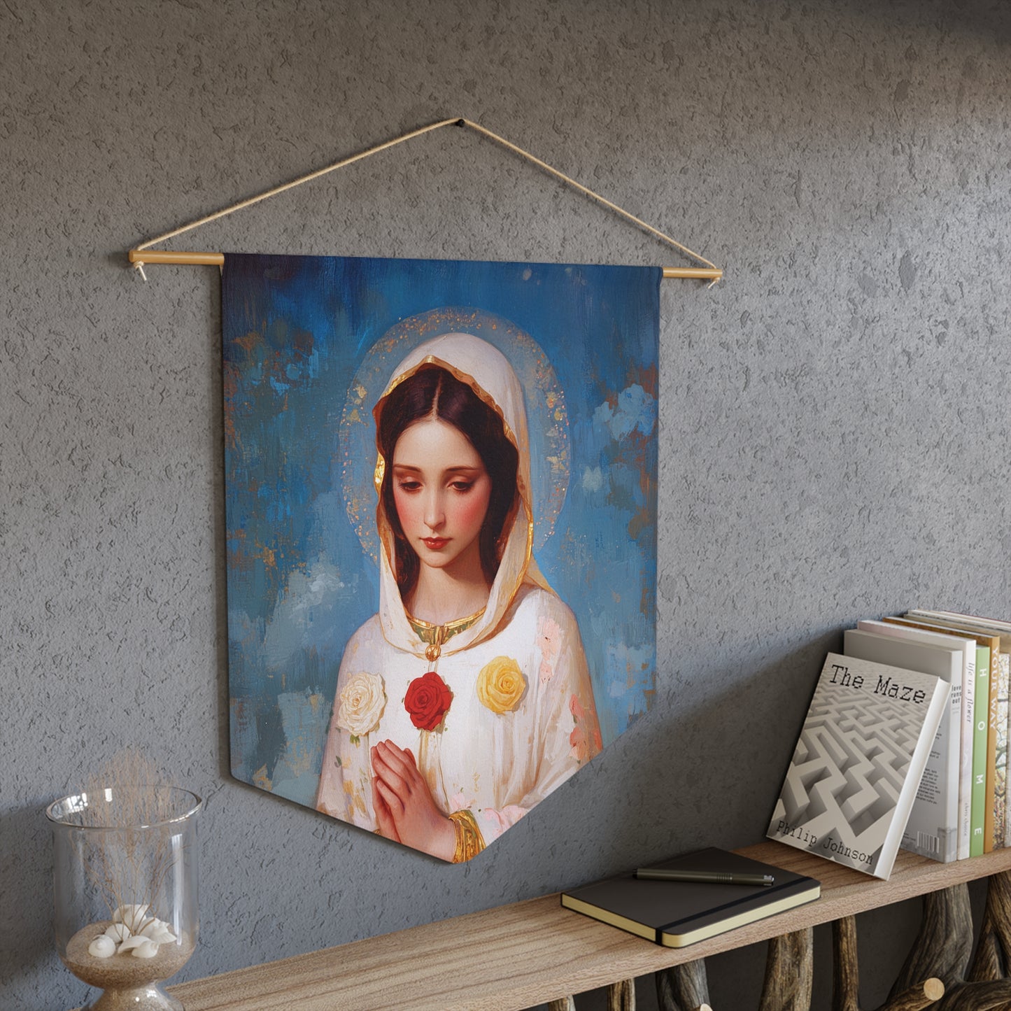 Rosa Mystica - Mystical Rose - Mother Mary - Marian Art - Pennant / Banner / Wall Hanging - Catholic Art - Large - 18" x 21"