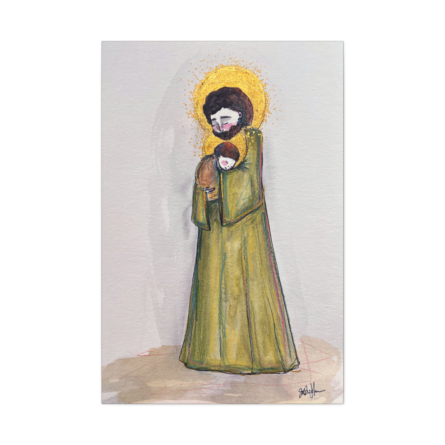 Saint Joseph and Child Jesus Catholic Canvas Print | Hand-Drawn Watercolor Sacred Art | Christian Devotional Wall Art