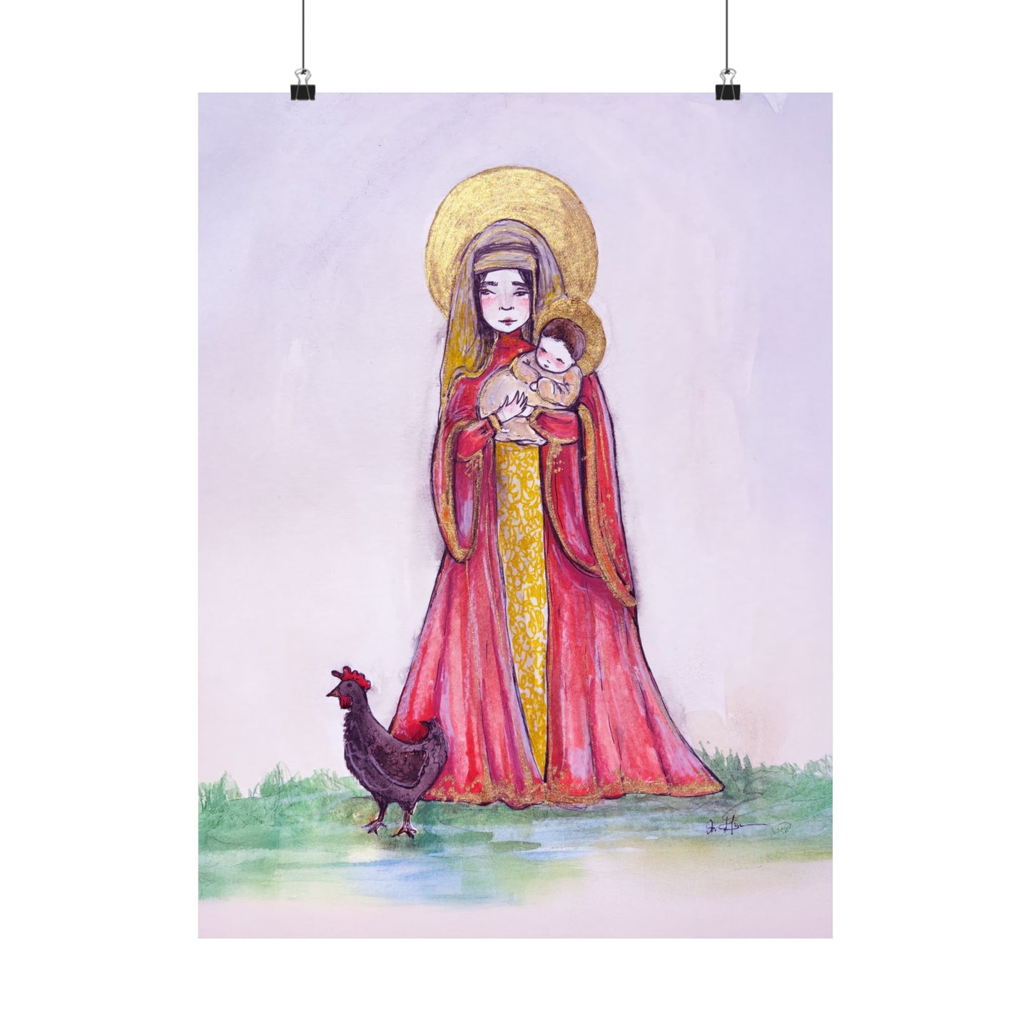 Our Lady of the Hens Catholic Art Print | Hand-Drawn Watercolor Virgin Mary Artwork | Christian Devotional Marian Wall Art