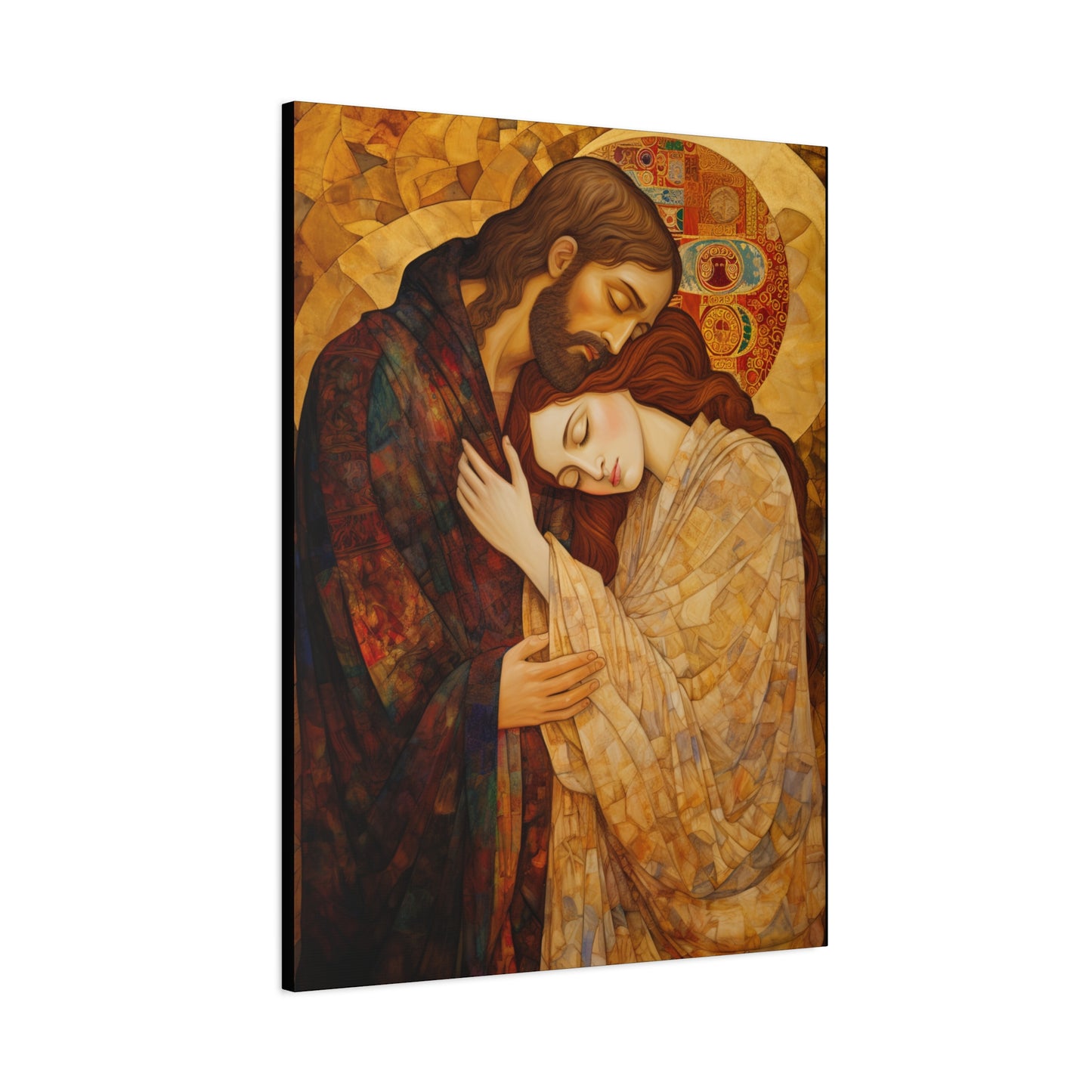 Healing Love- The Embrace of Christ and Mary Magdalene Museum Wrapped Canvas - Sanctified Souls Print -Based on Klimt's The Kiss