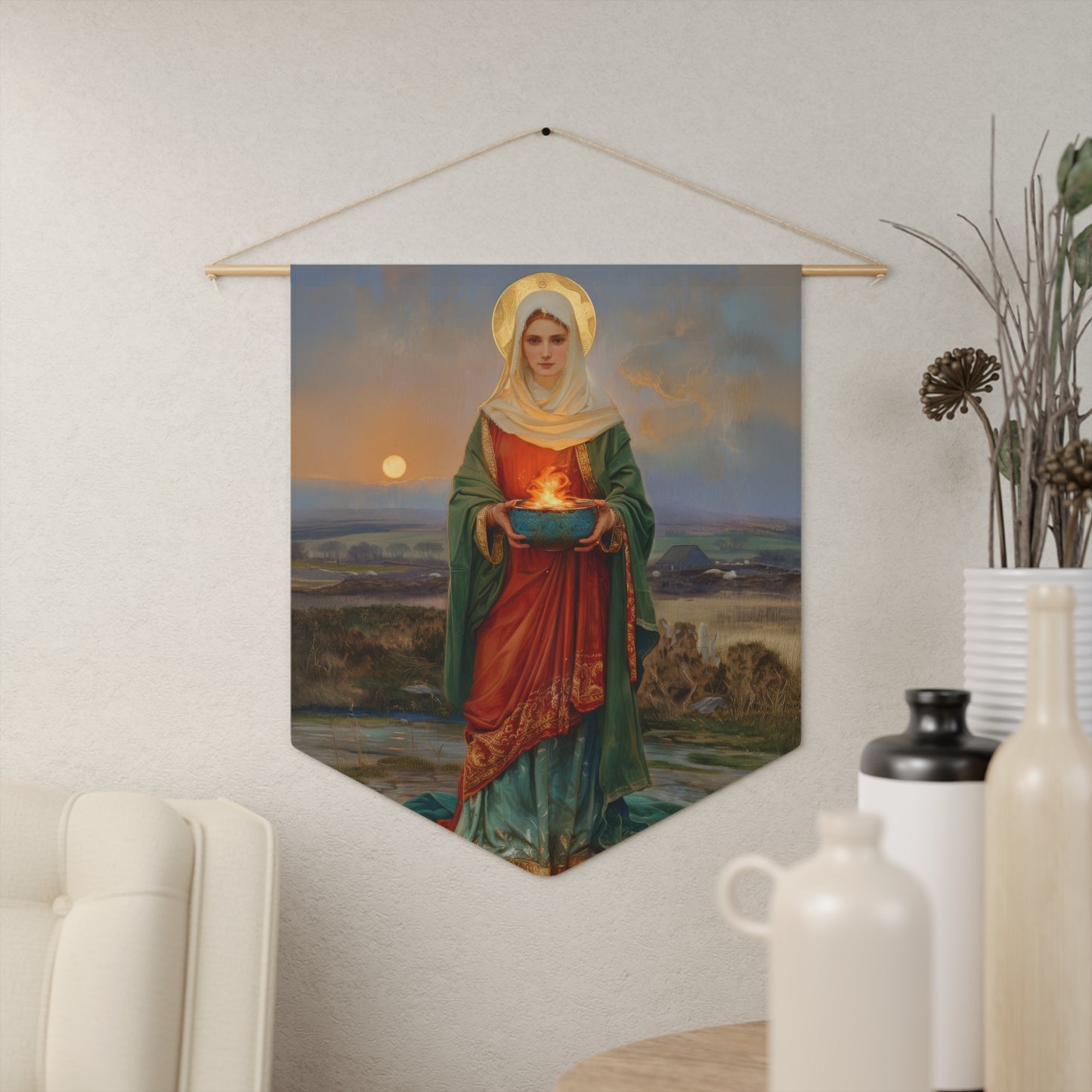 Saint Brigid of Ireland / Kildare Pennant / Banner / Wall Hanging - Prayer room art - 18" x 21" - Catholic prayer Religious - Large Print