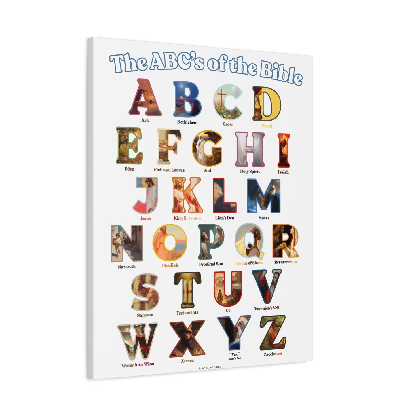 Catholic Bible ABC Prints - Alphabet Canvas - ABCs of the Bible Wall Art - Biblical People Places and Stories -  Homeschool / Sunday School