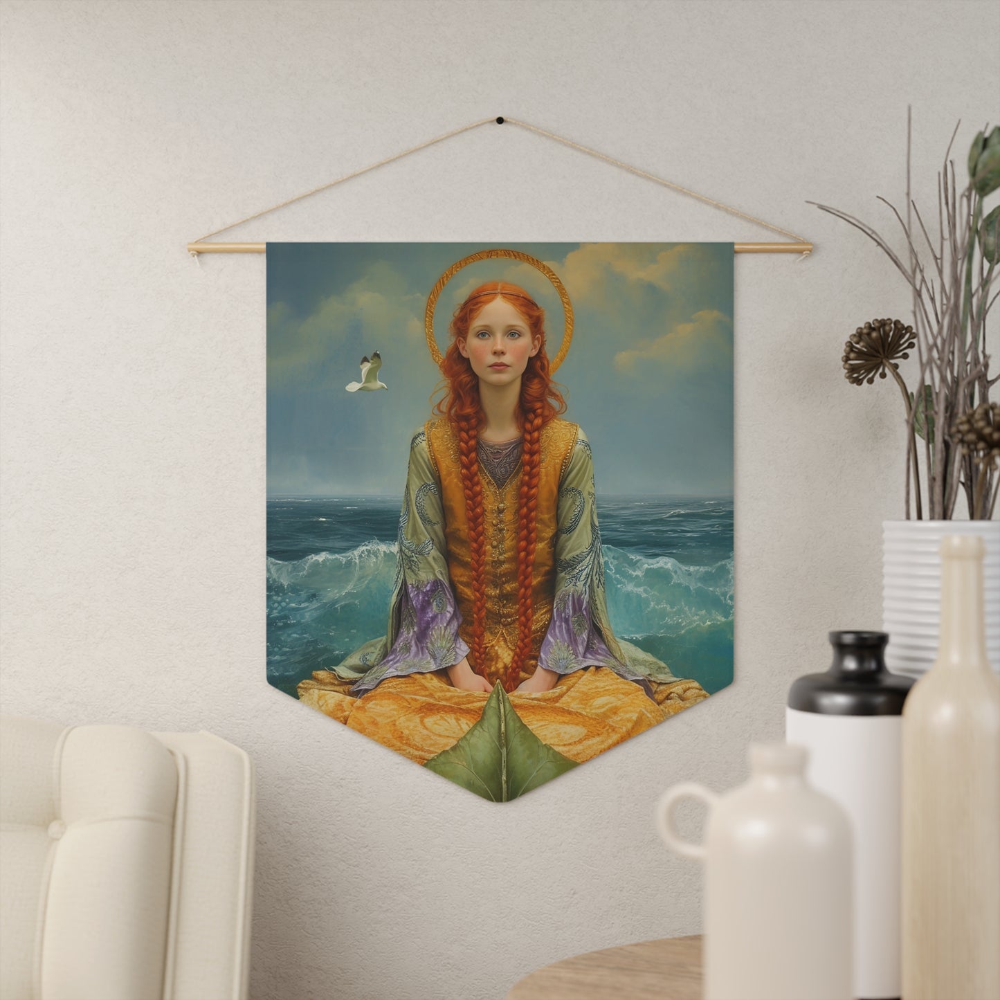Saint Ia of Cornwall Pennant / Banner / Wall Hanging - Prayer room art - Catholic Home Art - Large Saint Art for your home - 18" x 21"