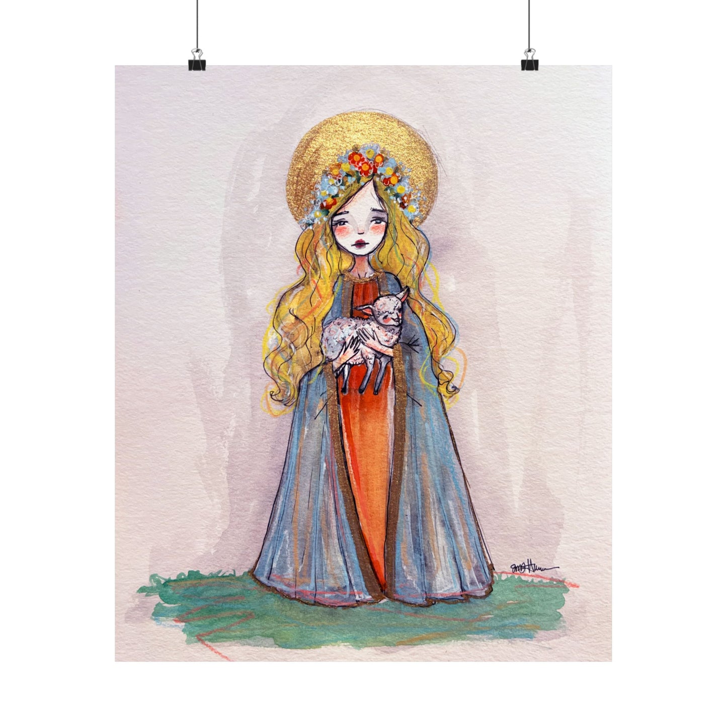 Saint Agnes of Rome Catholic Art Print | Hand-Drawn Watercolor Sacred Artwork | Christian Devotional Wall Art Religious Poster