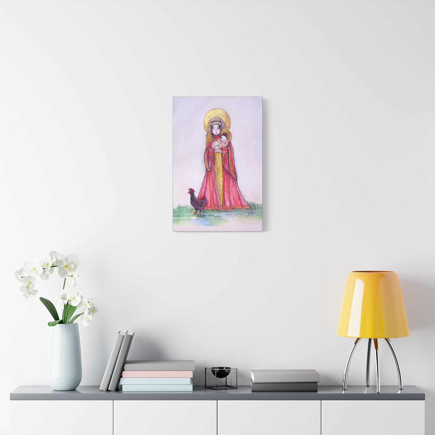Our Lady of the Hens Catholic Canvas Print | Virgin Mary and Child Sacred Art | Hand-Drawn Watercolor Marian Wall Art