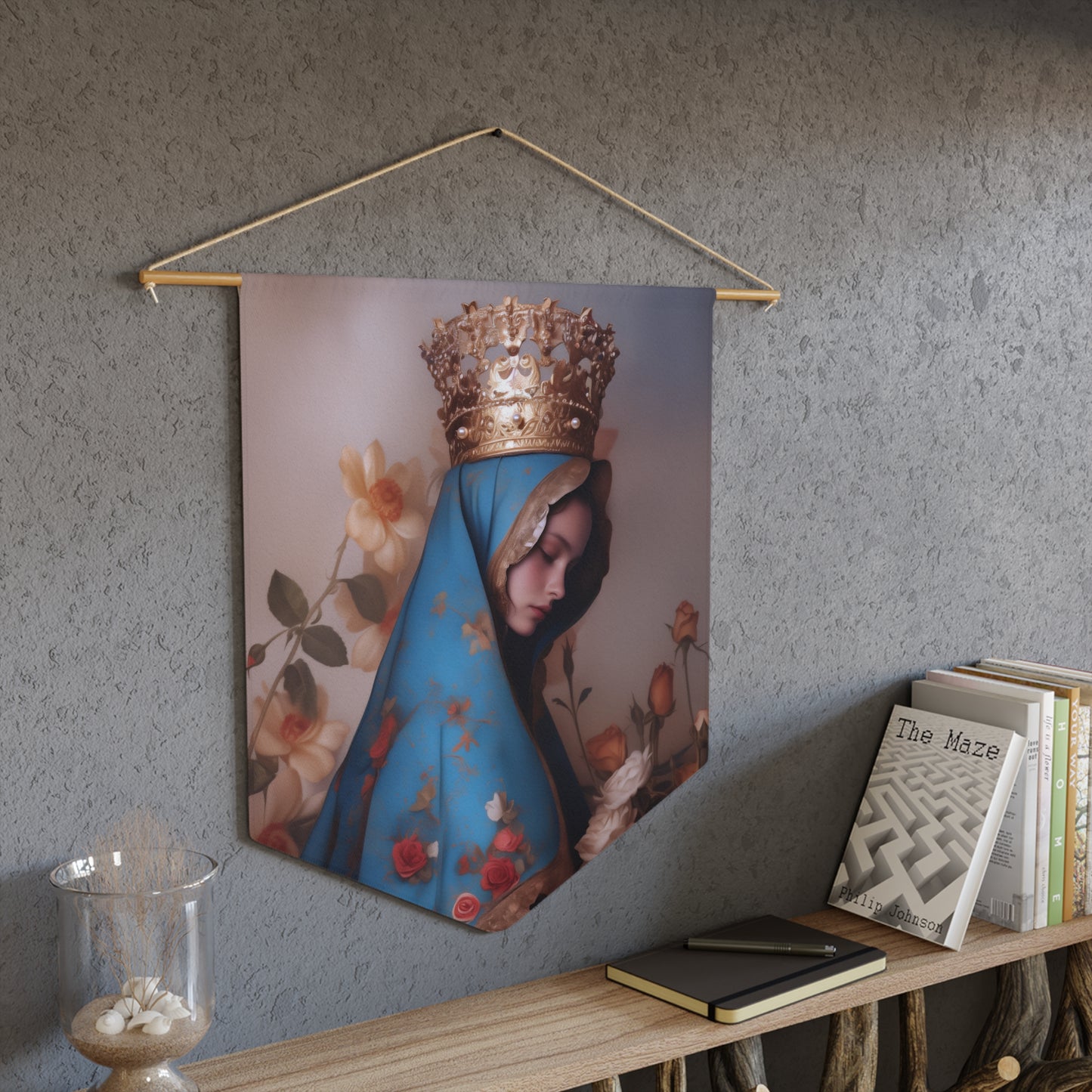 Our Lady of the Roses Wall Banner / Wall Hanging - Christian Art - Prayer room - 18" x 21" - Mother Mary