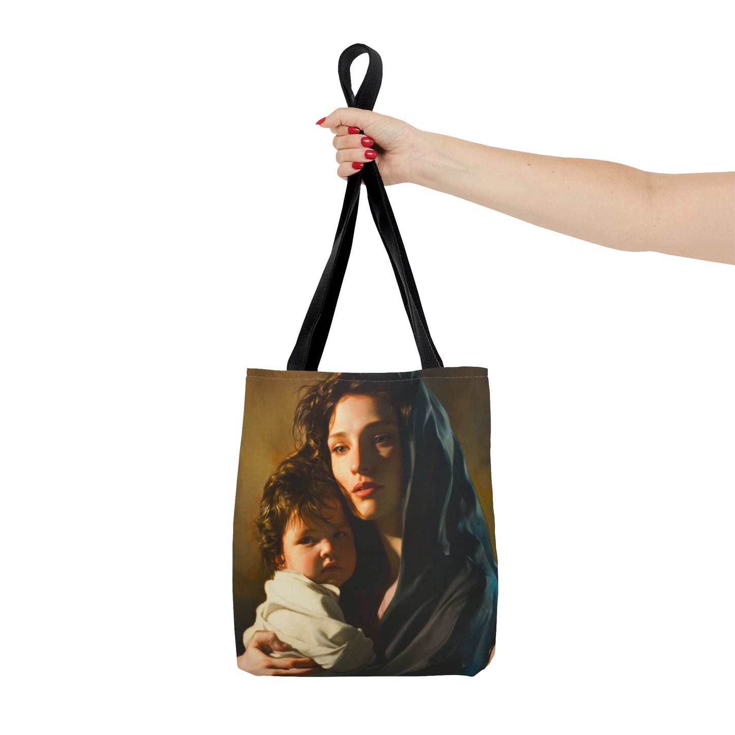 A mother's Gentle Embrace - Mary and The Christ Child Tote Bag - Large Medium Small Faith Art Bag - Catholic Faith Purse