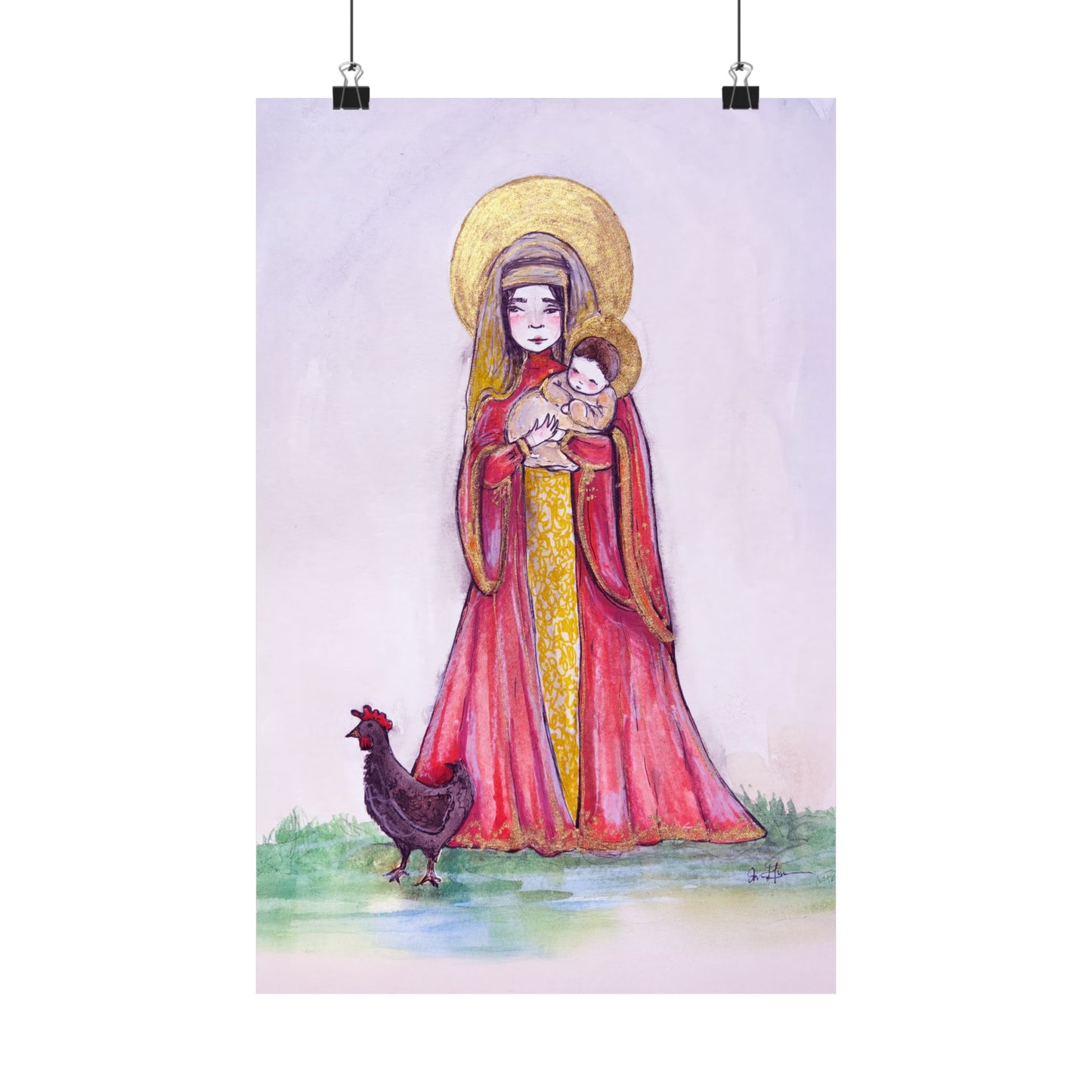 Our Lady of the Hens Catholic Art Print | Hand-Drawn Watercolor Virgin Mary Artwork | Christian Devotional Marian Wall Art