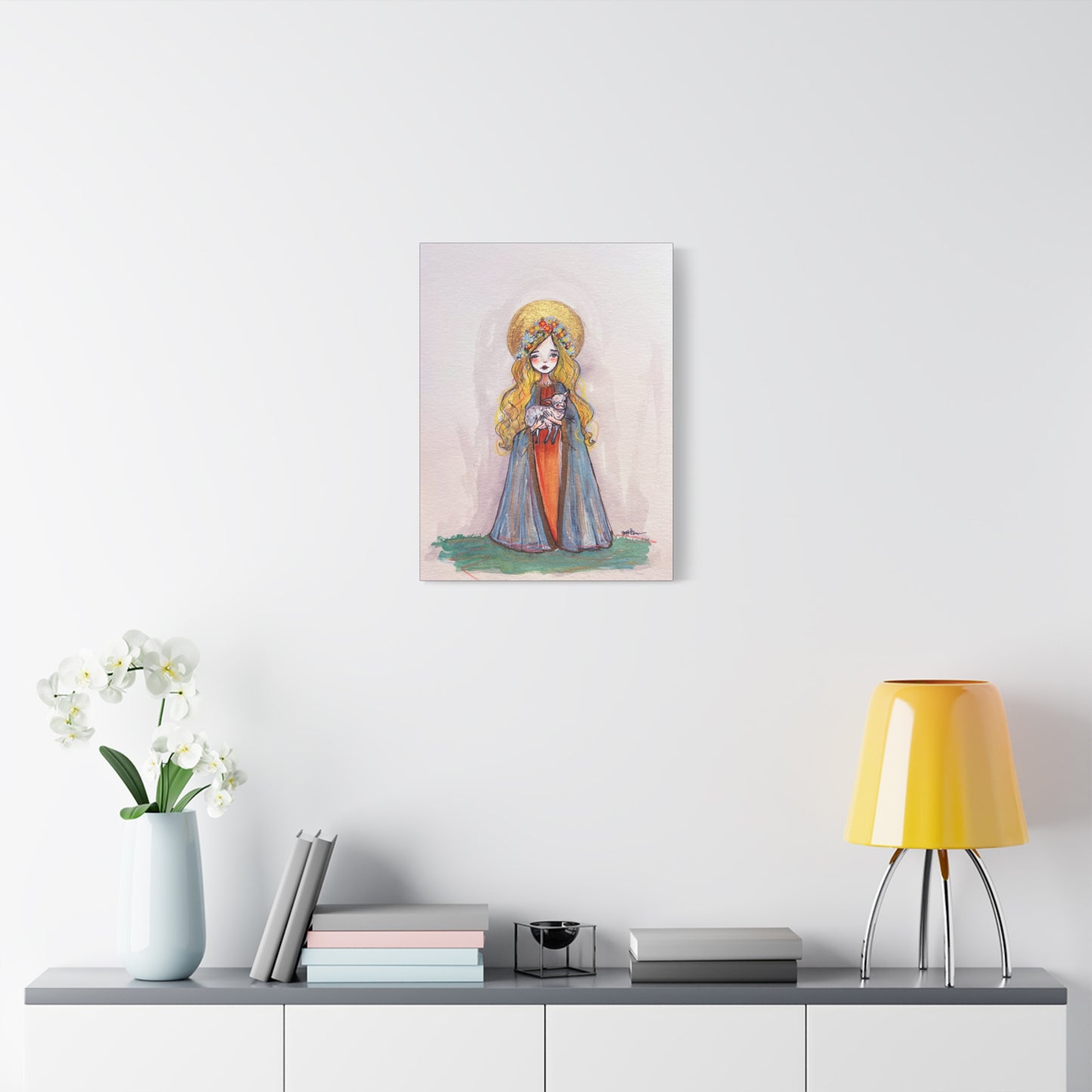Saint Agnes of Rome Catholic Canvas Print | Christian Sacred Art | Hand-Drawn Watercolor Devotional Wall Art Religious Artwork