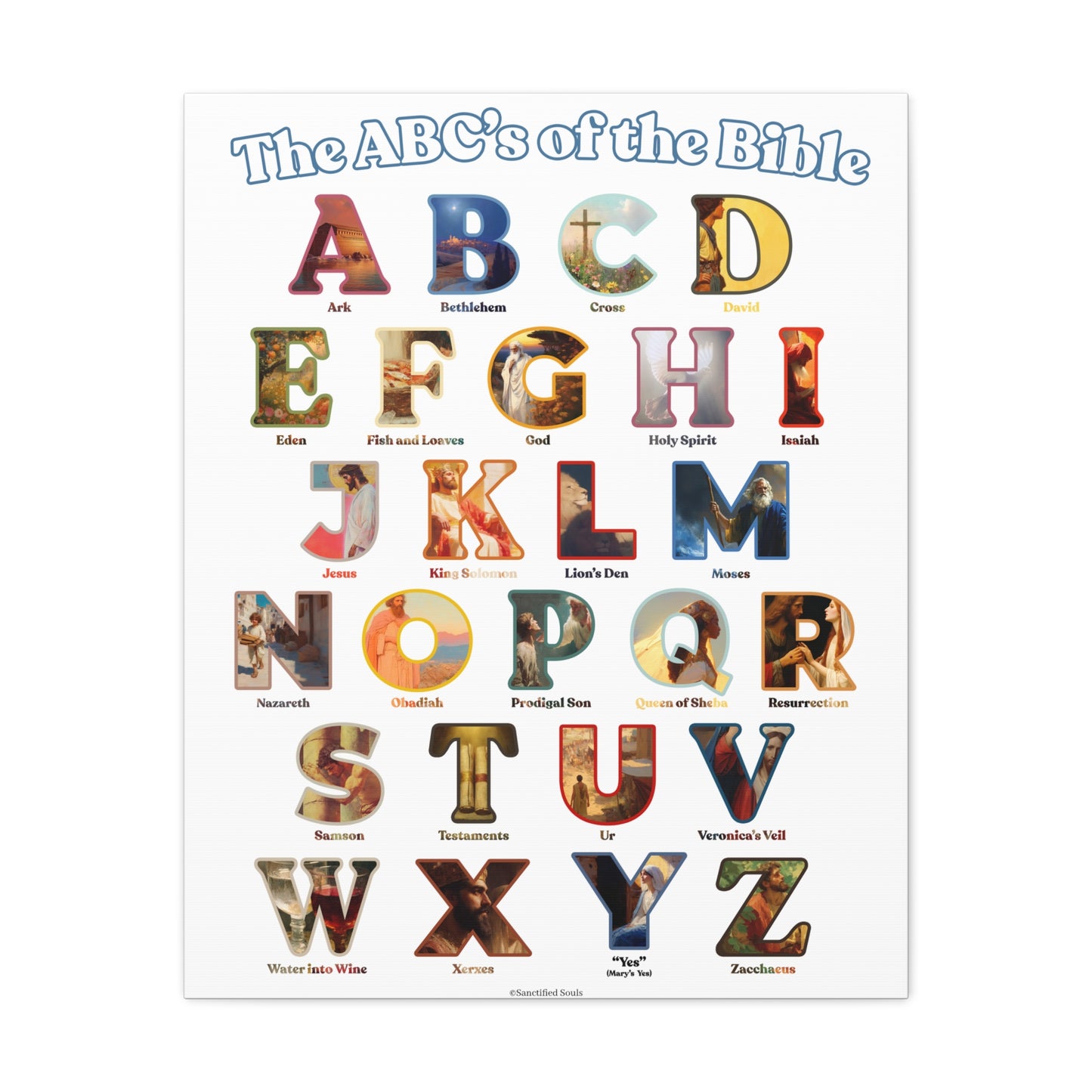 Catholic Bible ABC Prints - Alphabet Canvas - ABCs of the Bible Wall Art - Biblical People Places and Stories -  Homeschool / Sunday School