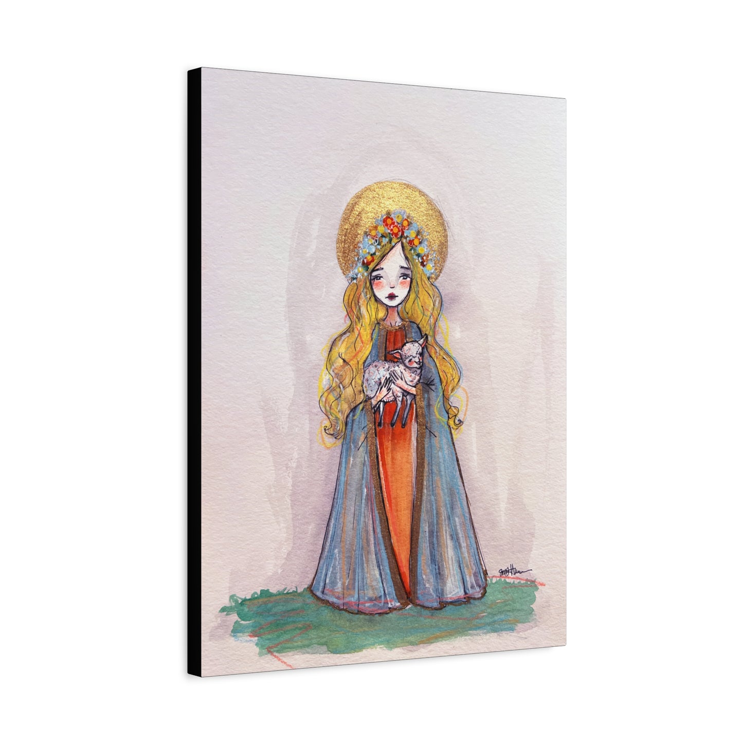 Saint Agnes of Rome Catholic Canvas Print | Christian Sacred Art | Hand-Drawn Watercolor Devotional Wall Art Religious Artwork