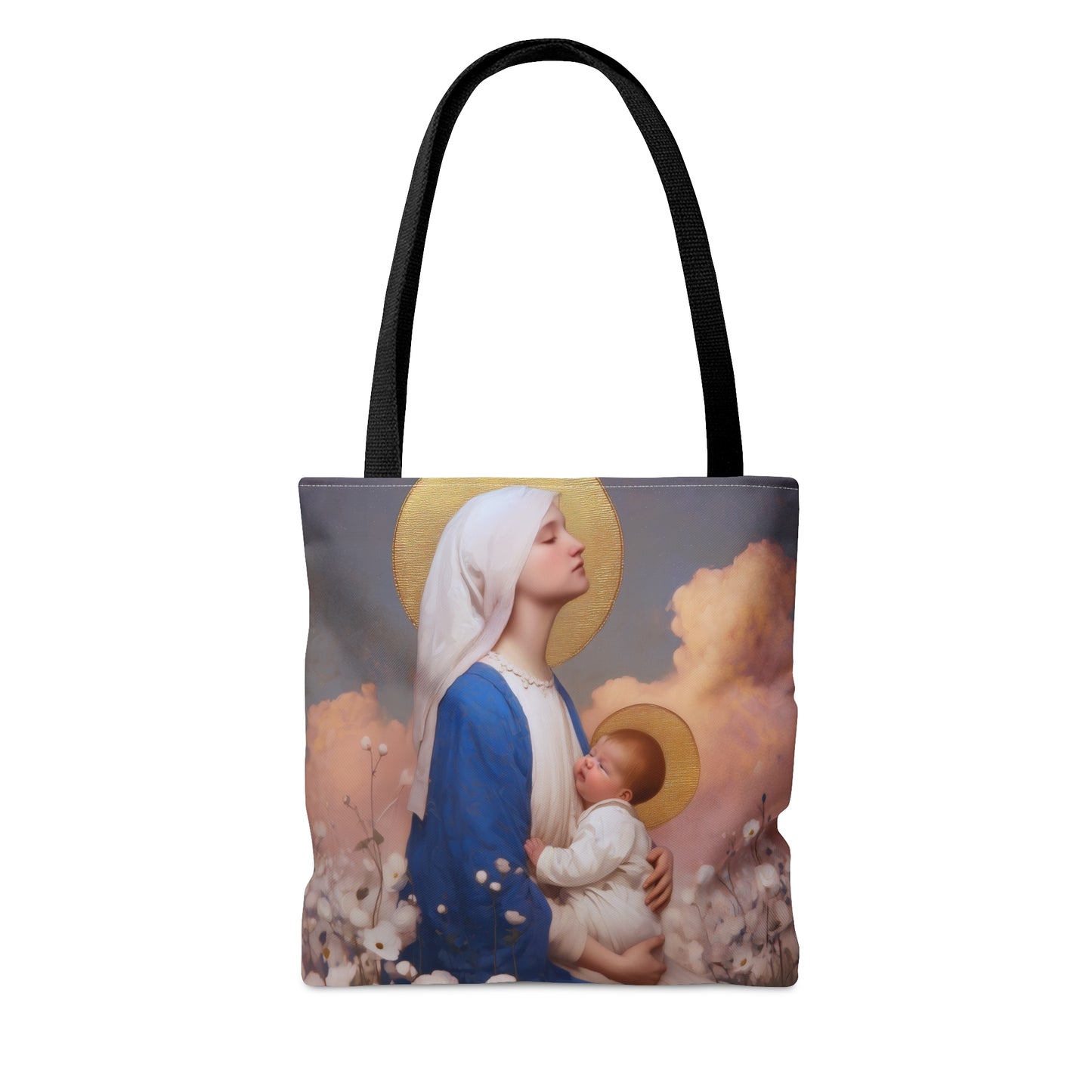 Our Lady Among the Flowers - Tote Bag - Large Medium Small Faith Art Bag - Bible Study Faith Purse - Double Sided Prayer Tote