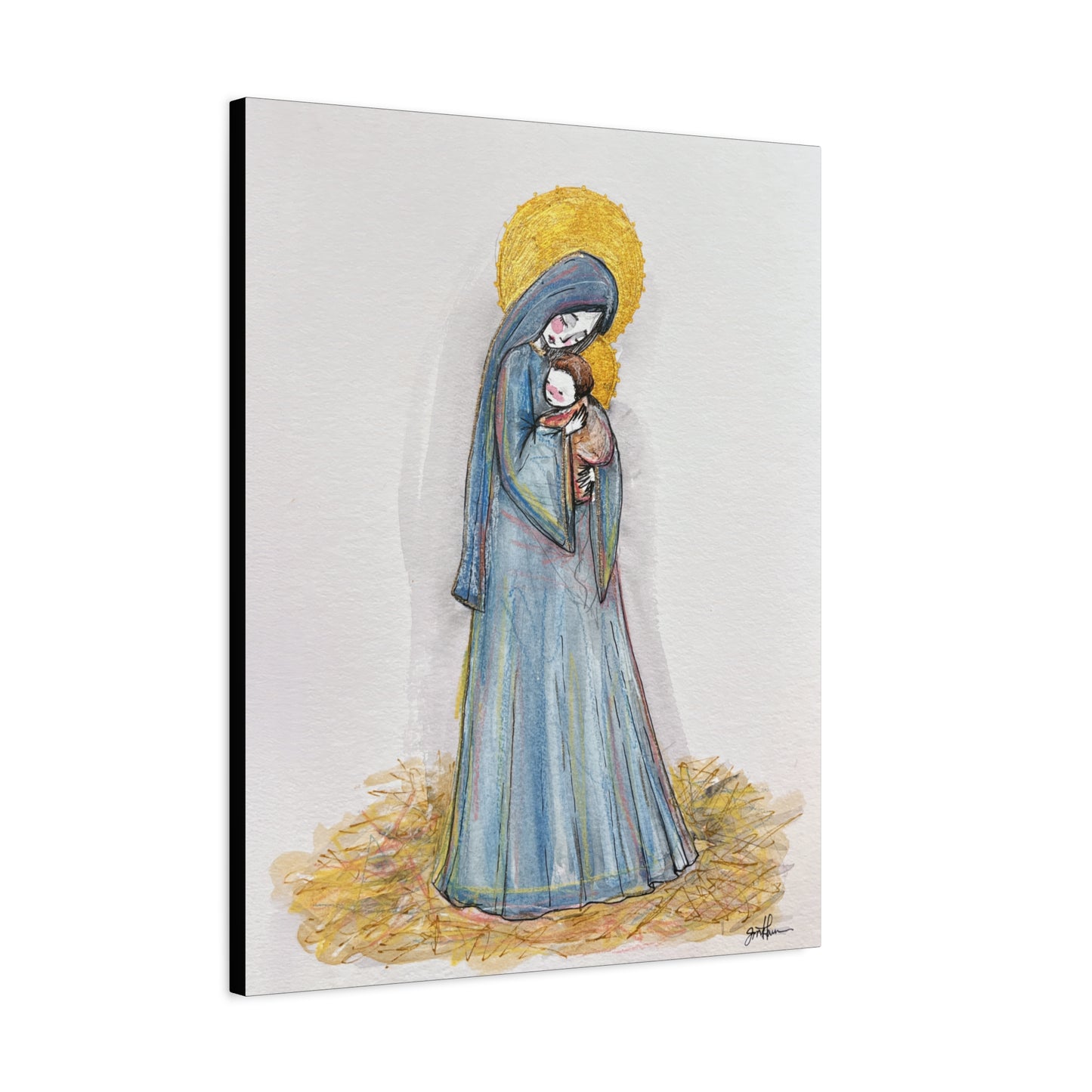 Our Lady of the Manger - Mother Mary Art - Catholic Canvas Print | Virgin Mary Sacred Art | Hand-Drawn Watercolor Christian Wall Art