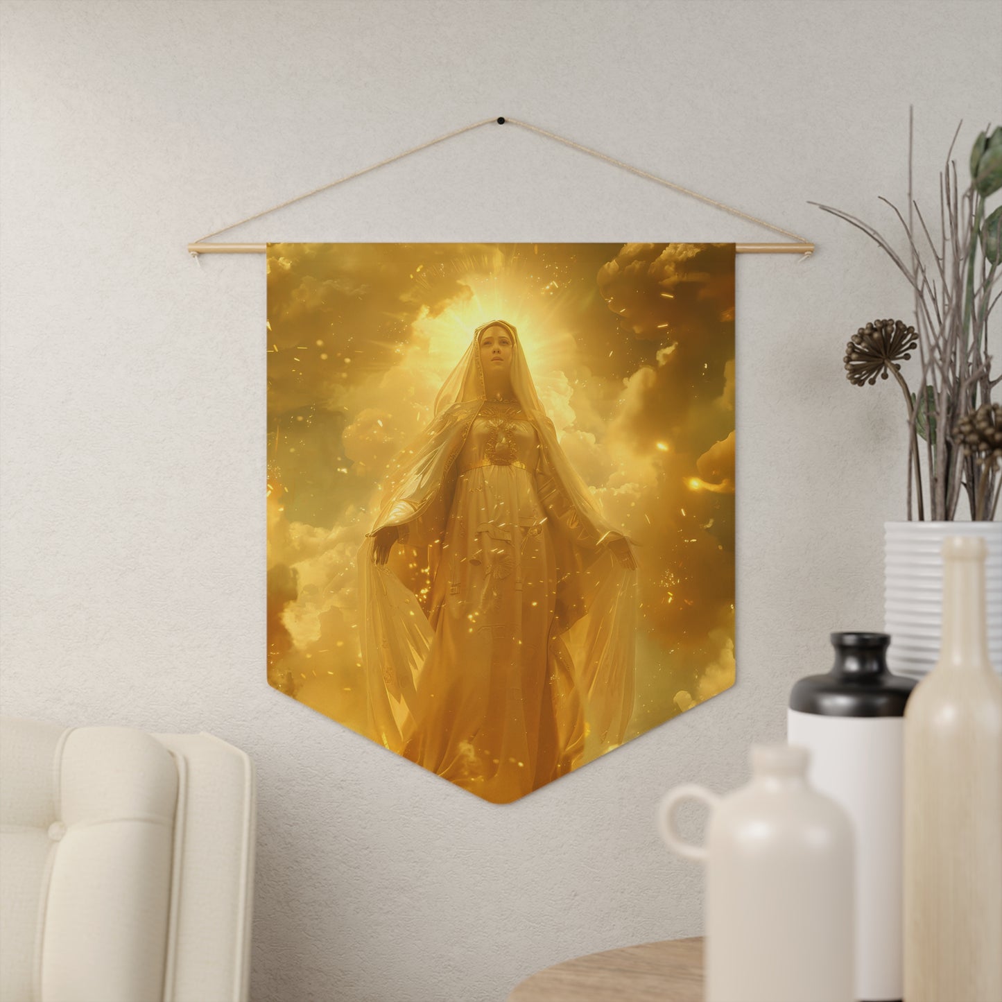 Virgin Mary - Mystical Sun - Golden Mary  Pennant / Banner / Wall Hanging - Prayer room art - 18" x 21" - Catholic Gift