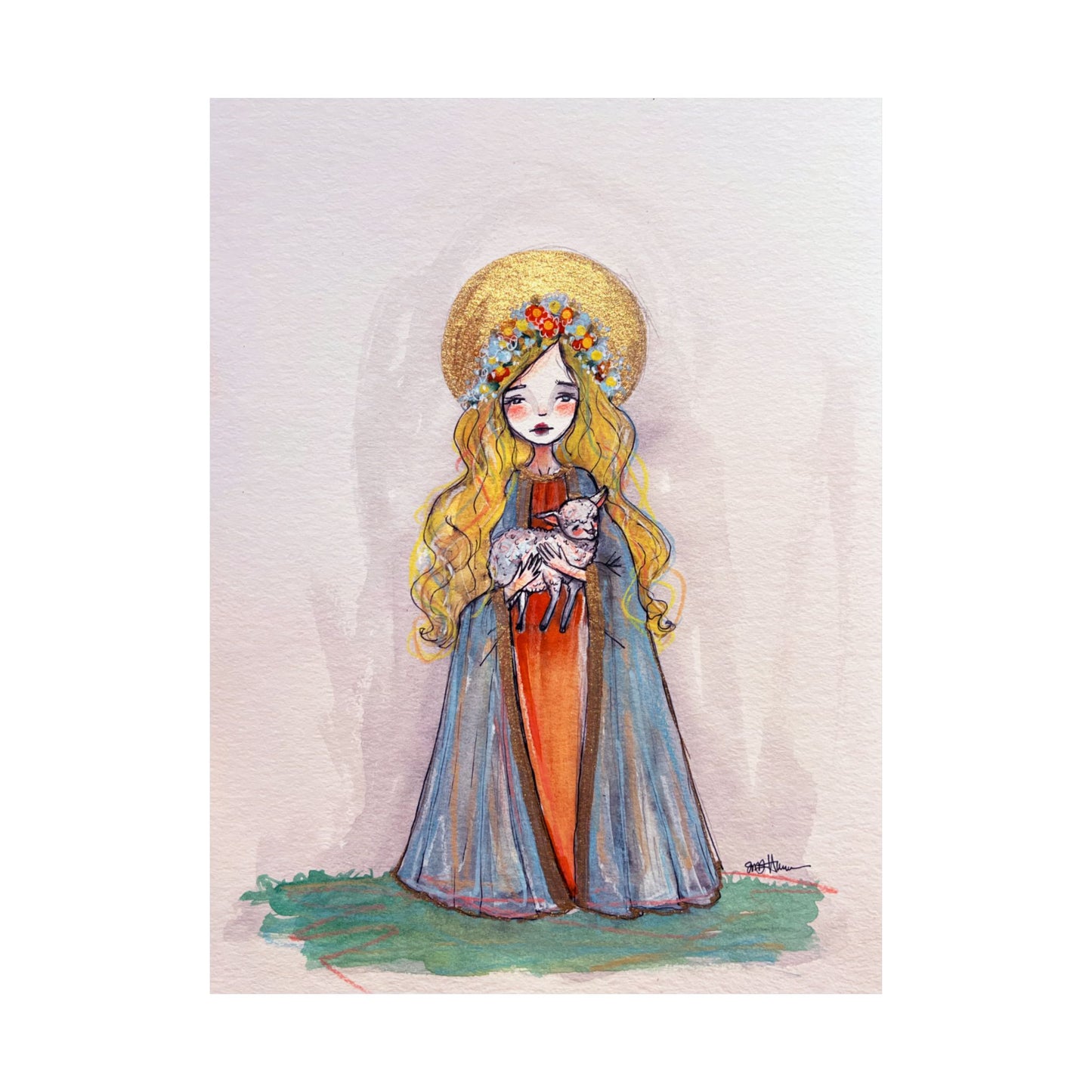 Saint Agnes of Rome Catholic Art Print | Hand-Drawn Watercolor Sacred Artwork | Christian Devotional Wall Art Religious Poster