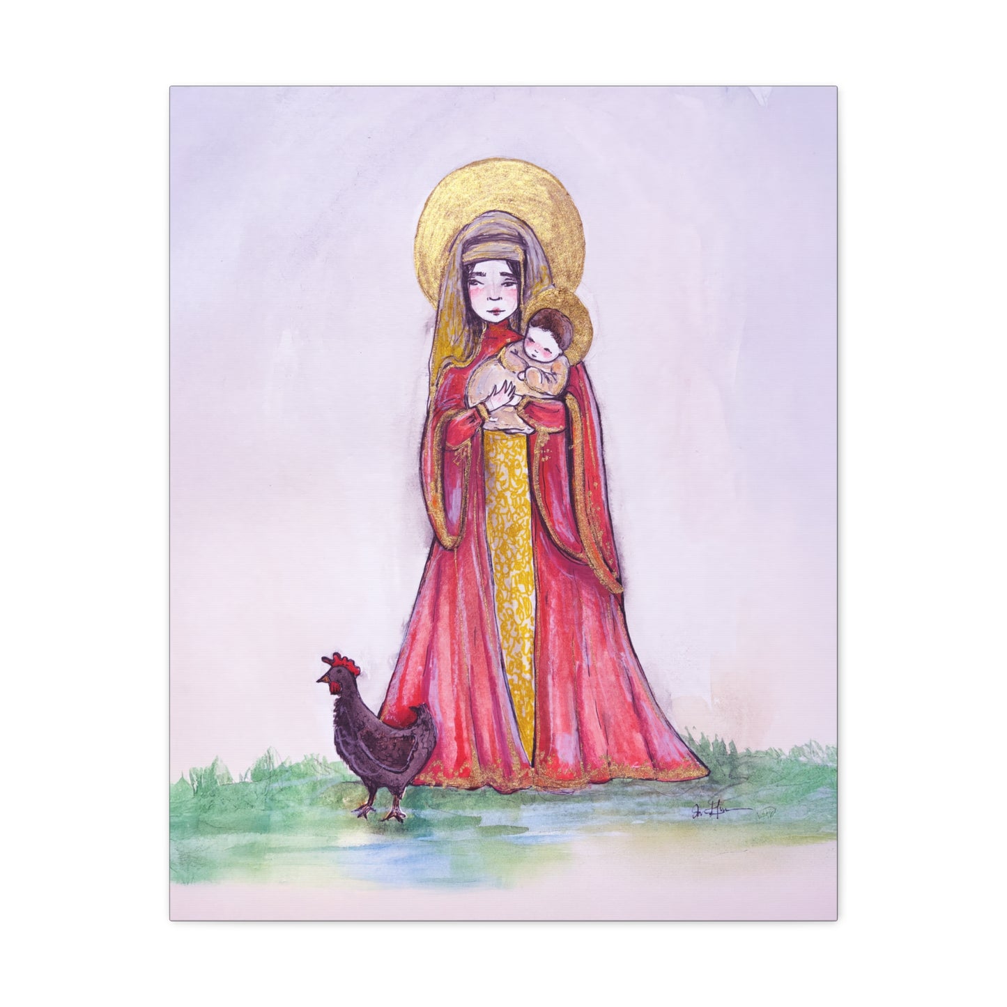 Our Lady of the Hens Catholic Canvas Print | Virgin Mary and Child Sacred Art | Hand-Drawn Watercolor Marian Wall Art