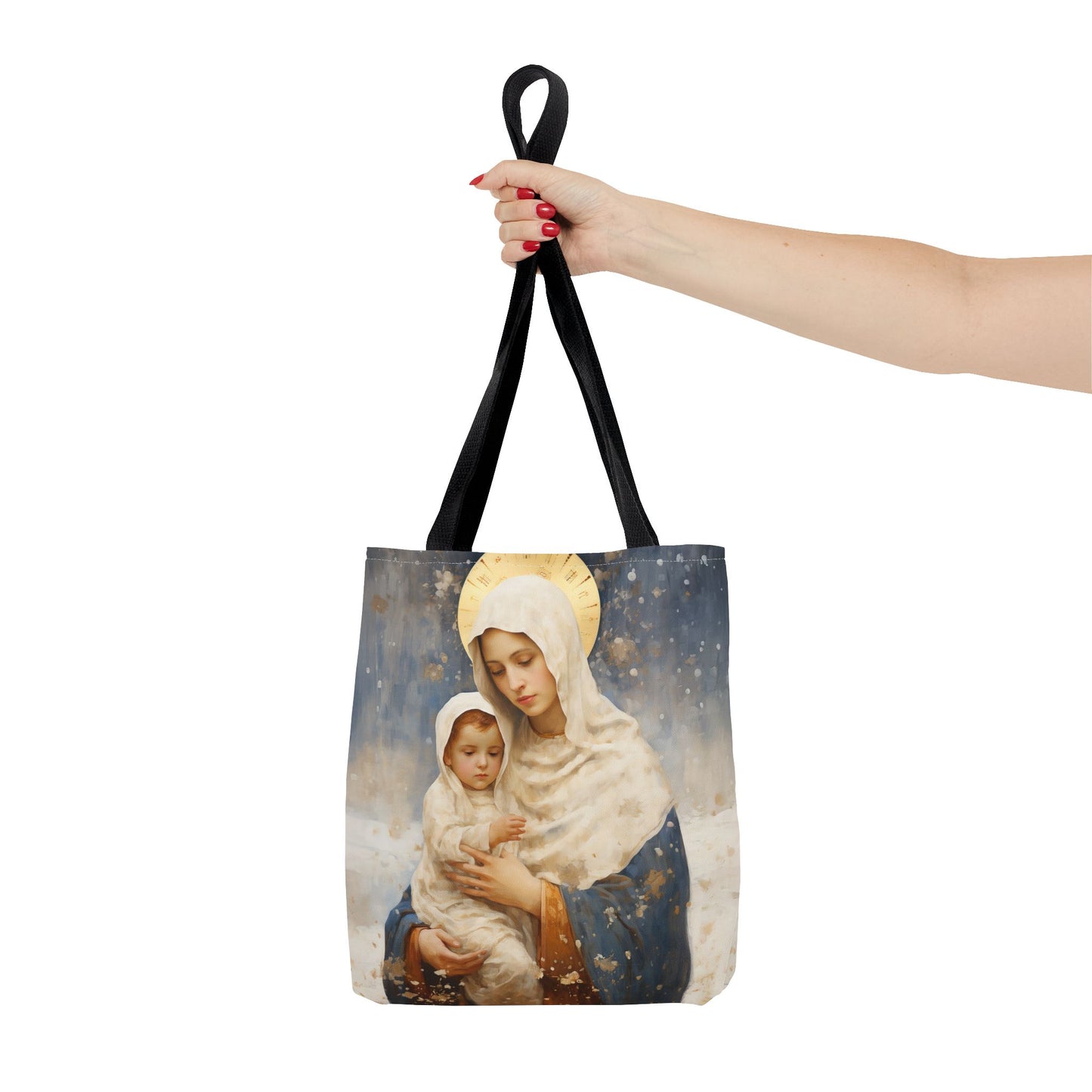 Winter's Grace : Our Lady of the Snows Tote Bag - Catholic faith inspired carry-all purse - day to day bag - Double Sided