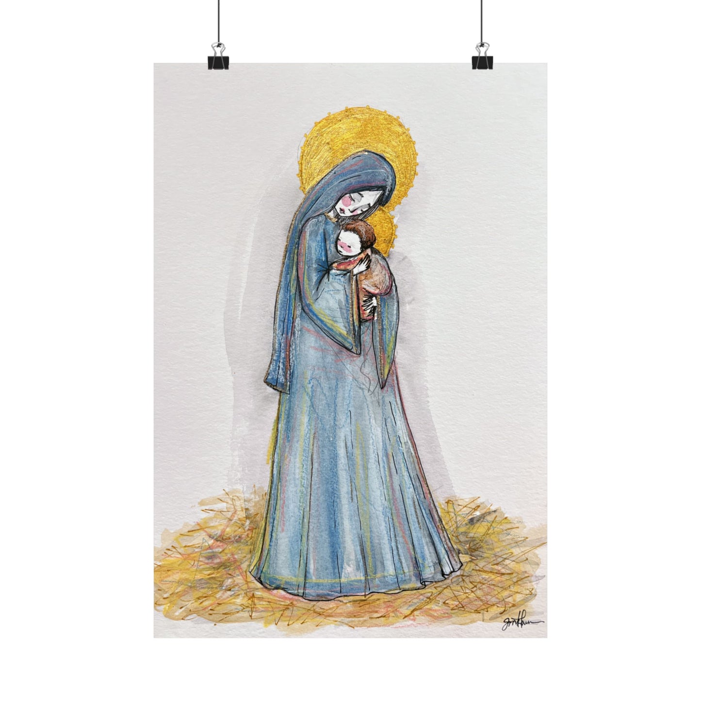 Our Lady of the Manger Catholic Art Print | Hand-Drawn Watercolor Virgin Mary Artwork | Christian Devotional Wall Art